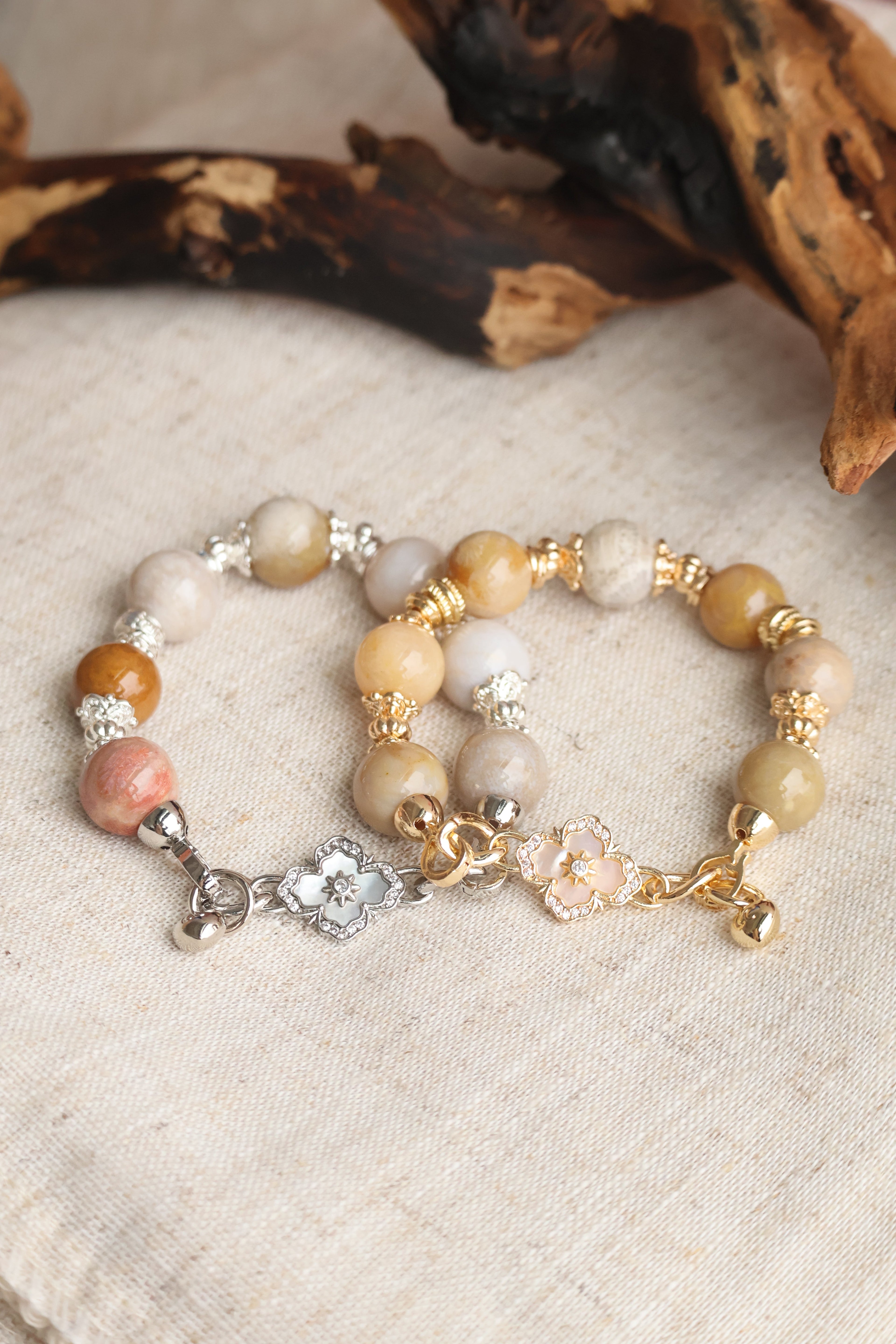 *Luna&Lithoss* Fossilised Coral Jade with Clover Charm Natural Crystal Bracelet (Elastic)