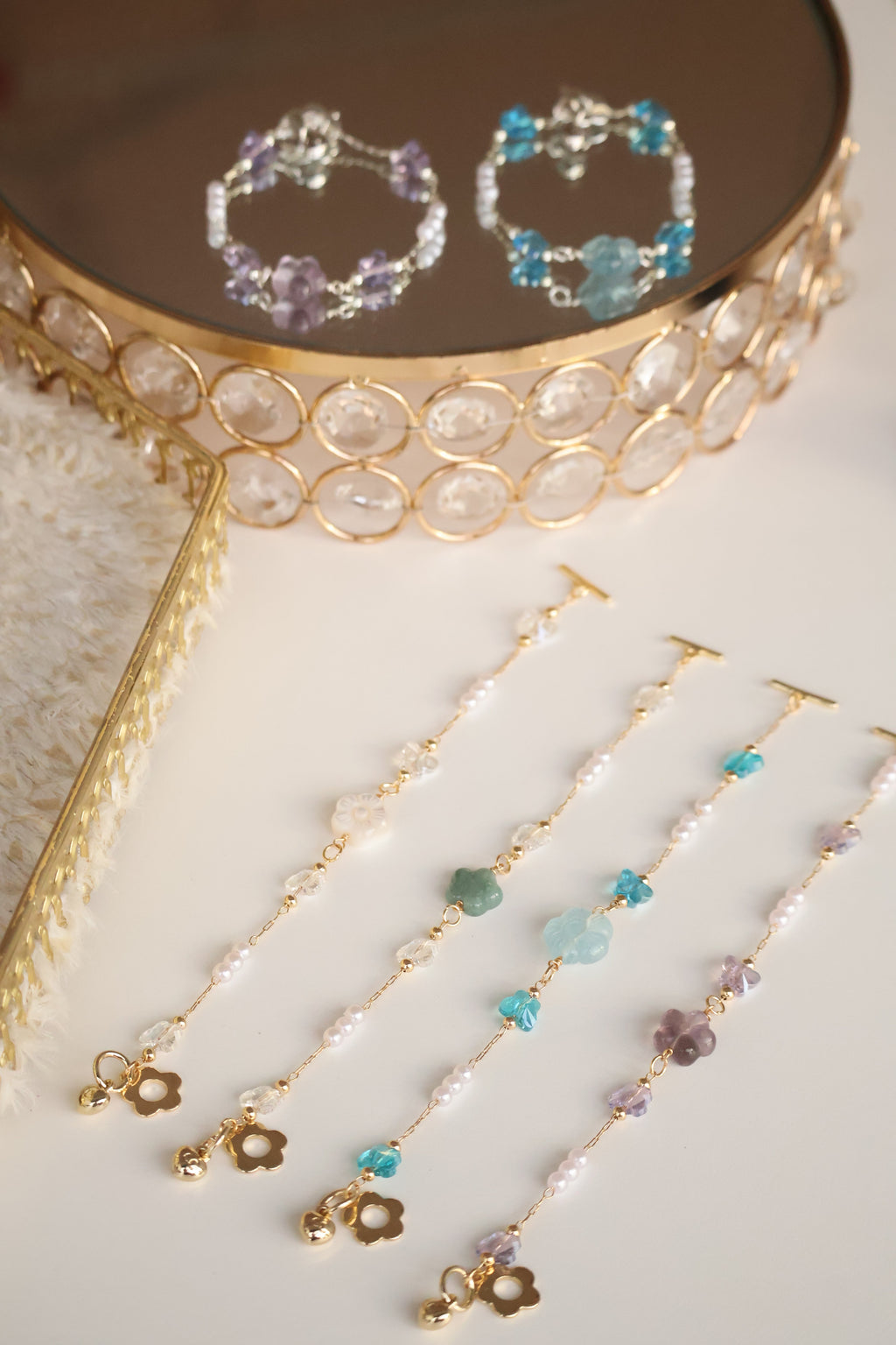 *Luna&Lithoss* Sakura Flower Chain Natural Crystal Bracelet (OT Clasp)