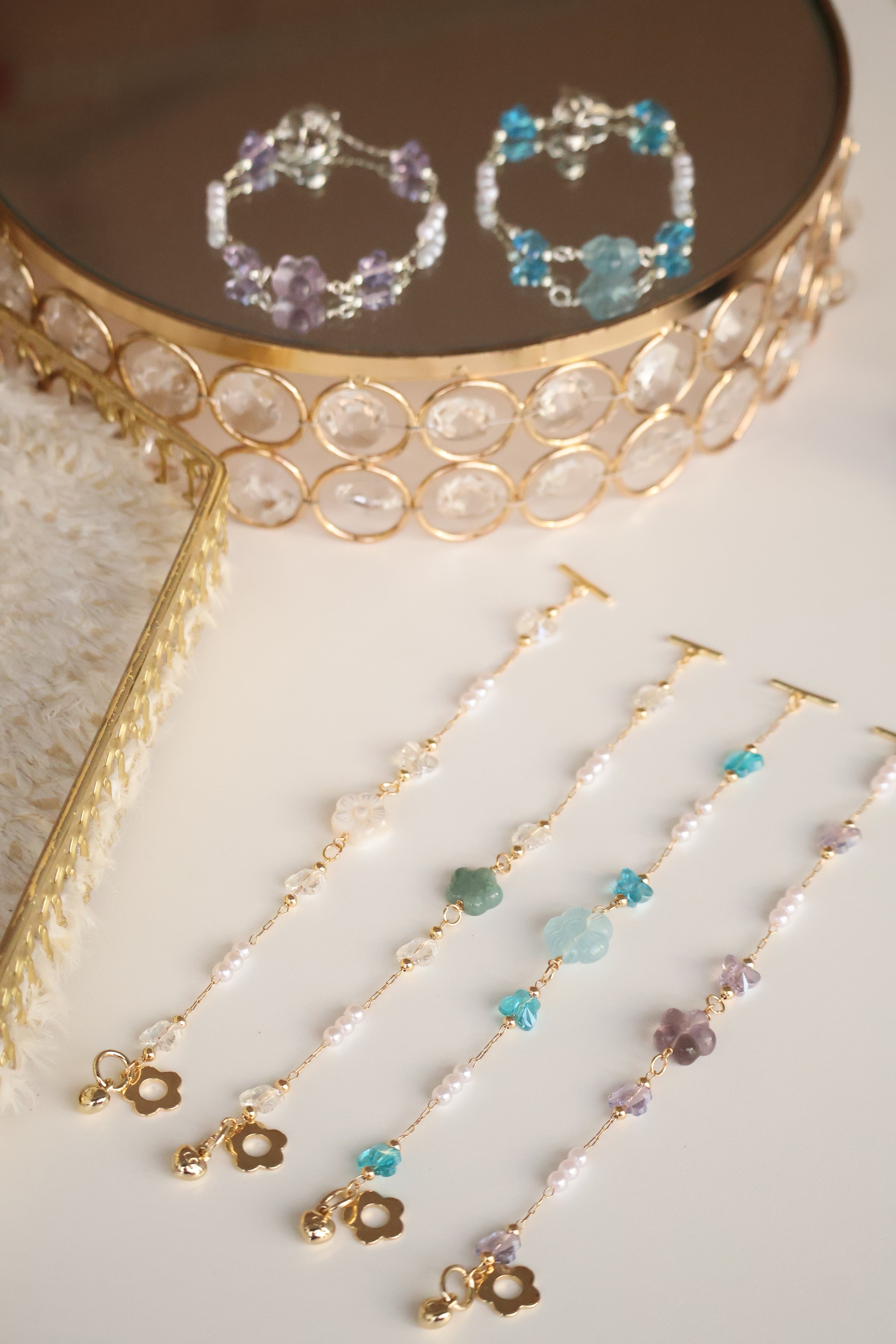*Luna&Lithoss* Sakura Flower Chain Natural Crystal Bracelet (OT Clasp)
