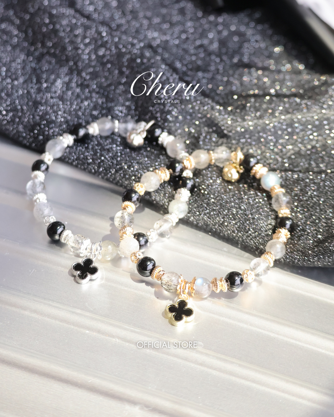 Black Strawberry Quartz, Labradorite & Black Tourmaline  Crystal Bracelet ¡ª Black Mini Clover Stacker | 8mm (Elastic)