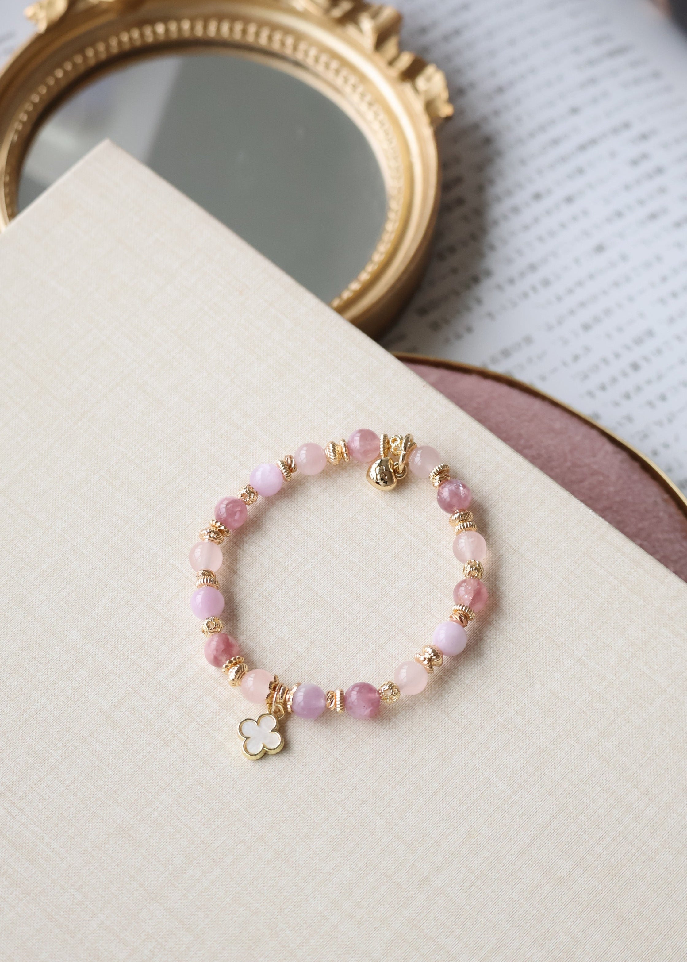 Pink Purple Emerald Mica, Kunzite & Rose Quartz ¡ª Mini Clover Stacker Natural Crystal Bracelet | (Elastic)