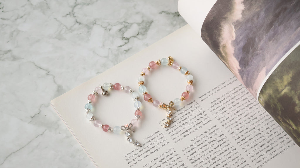 Rose Quartz, Strawberry Quartz, Cat¡¯s Eye & Aquamarine with Ribbon & Triple Heart Charm ¡ª Rivyn | 8mm (Elastic)
