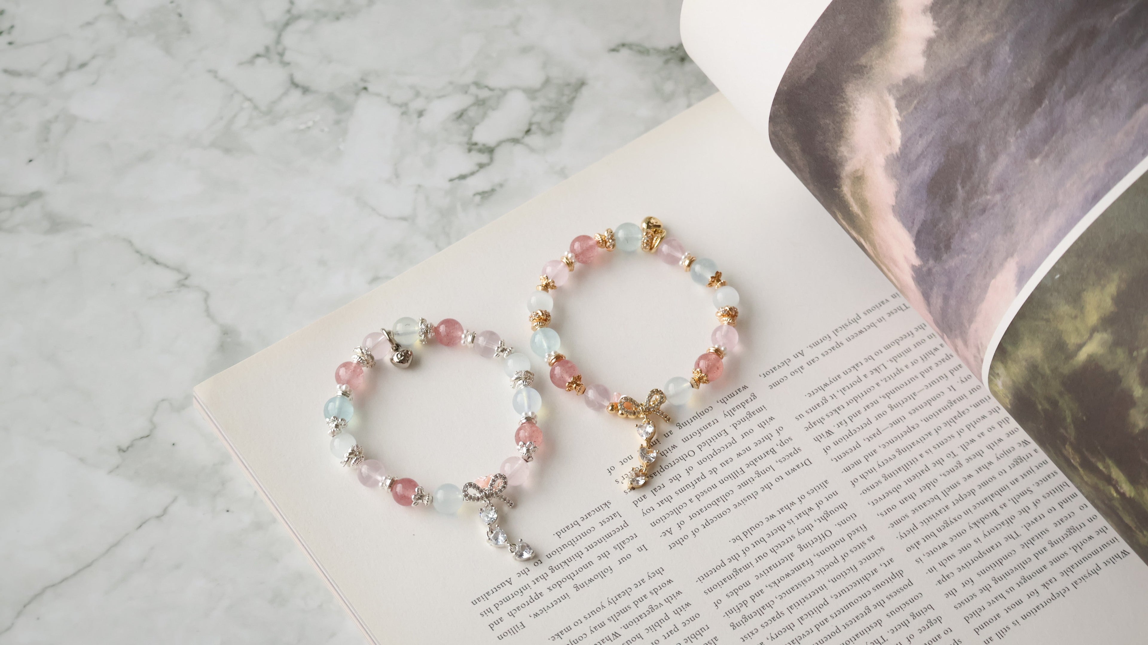 Rose Quartz, Strawberry Quartz, Cat¡¯s Eye & Aquamarine with Ribbon & Triple Heart Charm ¡ª Rivyn | 8mm (Elastic)
