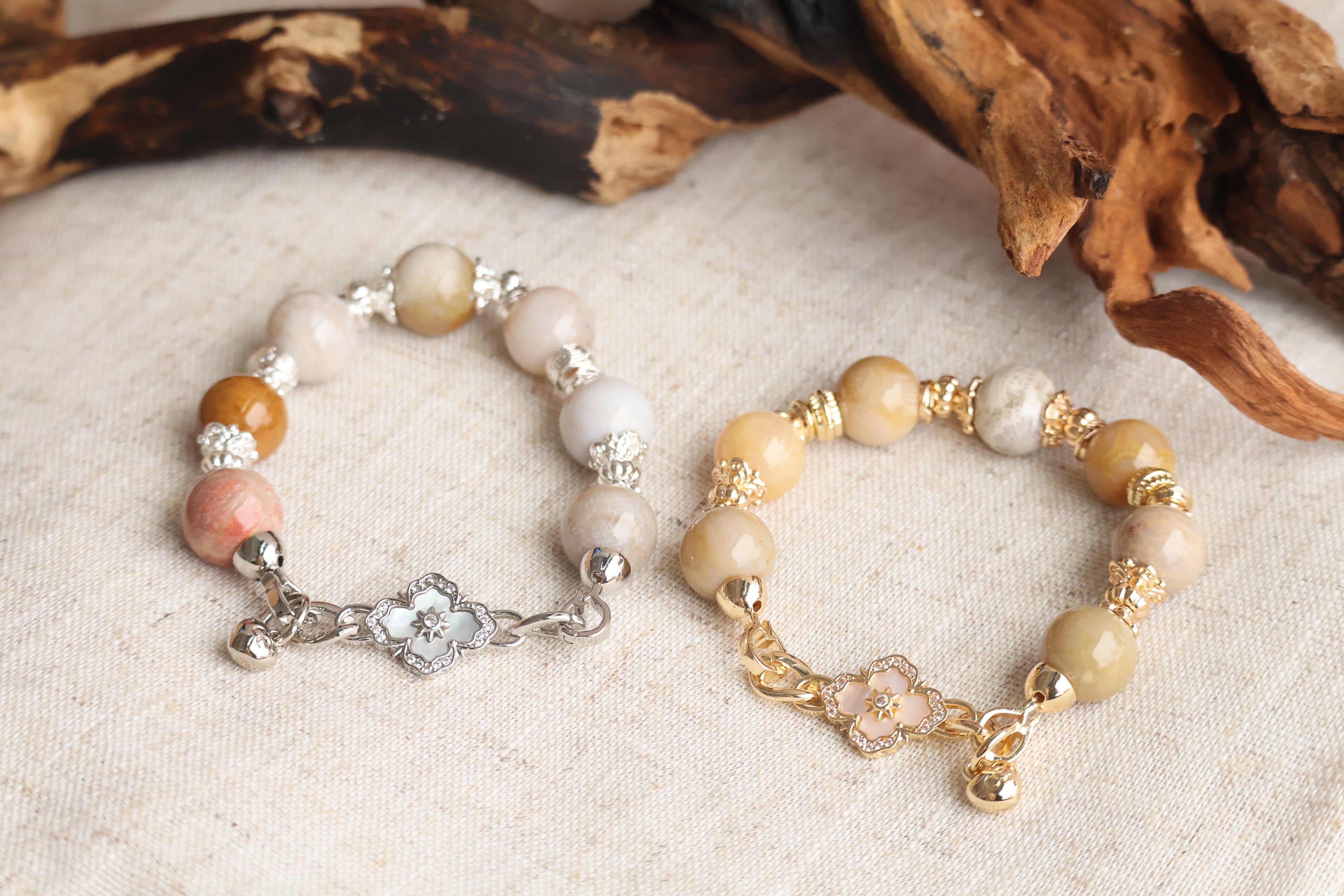 *Luna&Lithoss* Fossilised Coral Jade with Clover Charm Natural Crystal Bracelet (Elastic)