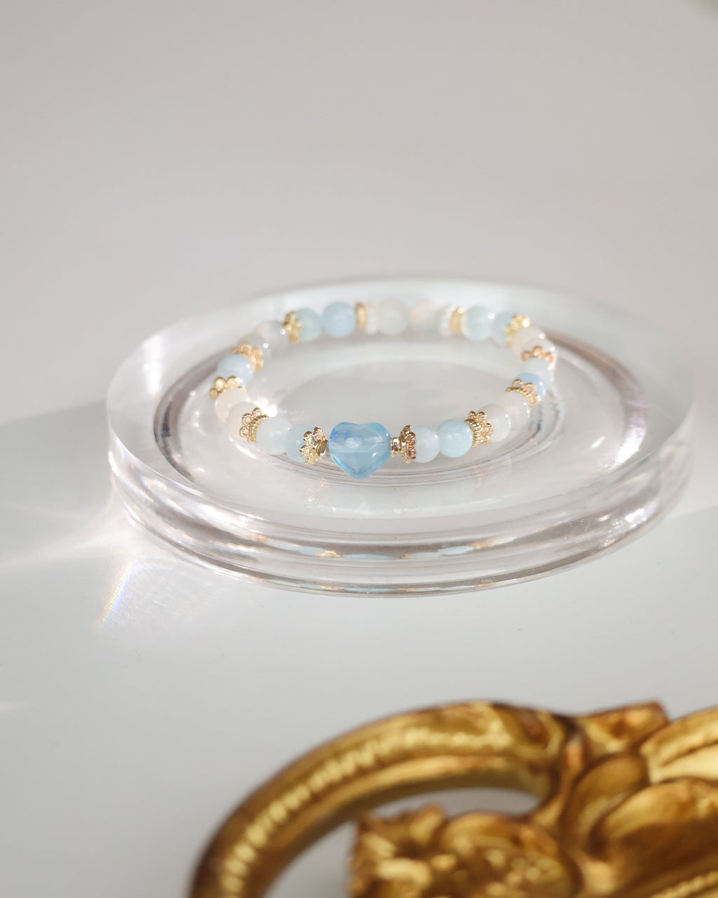 Aquamarine & White Flash Moonstone with Heart Carving ¡ª Dain | 6mm (Elastic)
