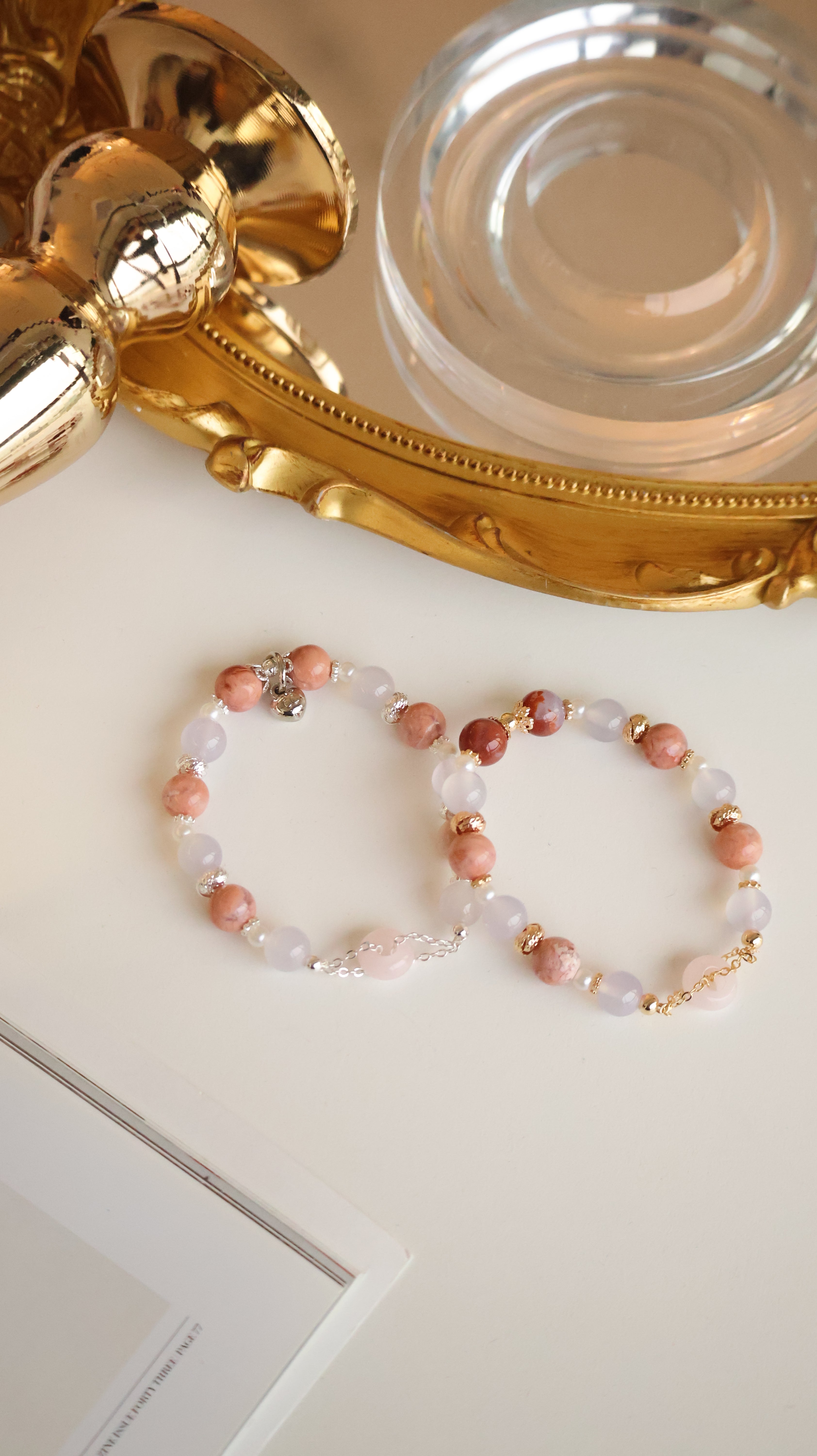 *Luna&Lithoss* Flower Agate & Lilac Chalcedony with Rose Quartz Ping An Kou ƽ°²¿Û Natural Crystal Bracelet (Elastic)