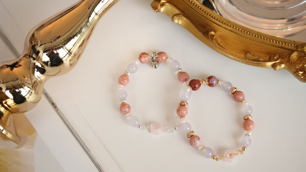 *Luna&Lithoss* Flower Agate & Lilac Chalcedony with Rose Quartz Ping An Kou ƽ°²¿Û Natural Crystal Bracelet (Elastic)