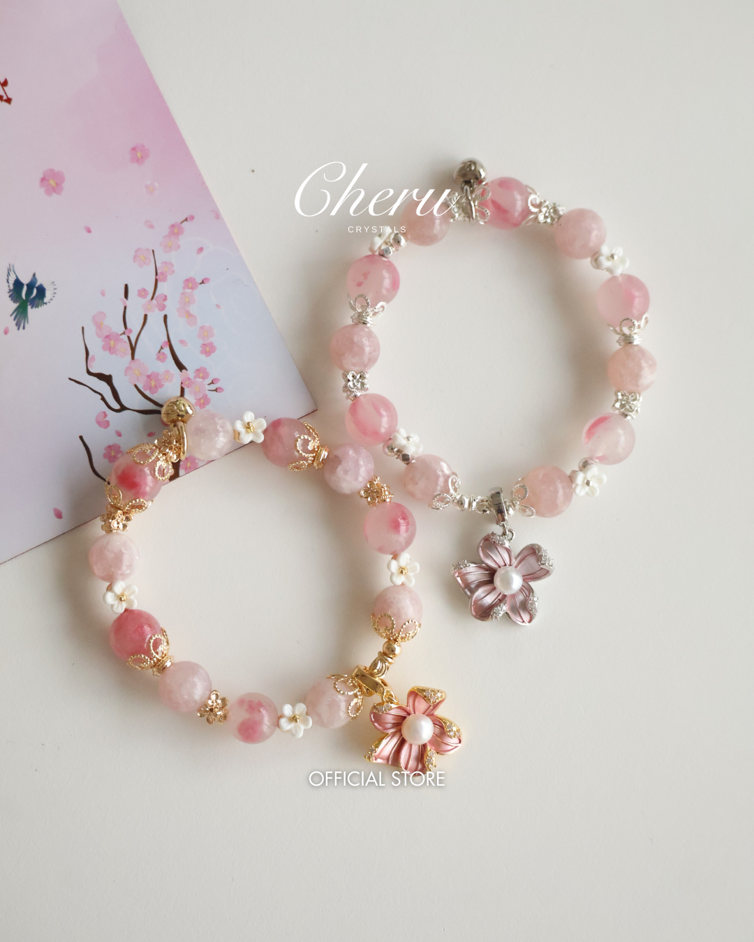 Purple Emerald Mica & Sakura Rhodonite with Freshwater Pearl Flower Charm ¡ª Everbloom | 10mm (Elastic)