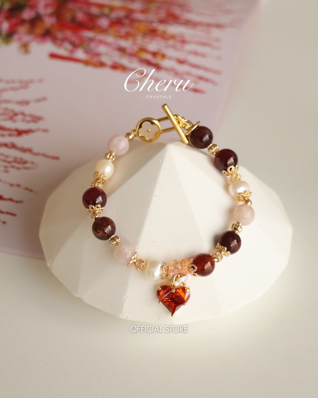 *Luna&Lithoss* Heart Shaker - 8mm Garnet, Fresh Water Pearl, Colourful Rabbit Hair with Heart Dangly Charm (Elastic)
