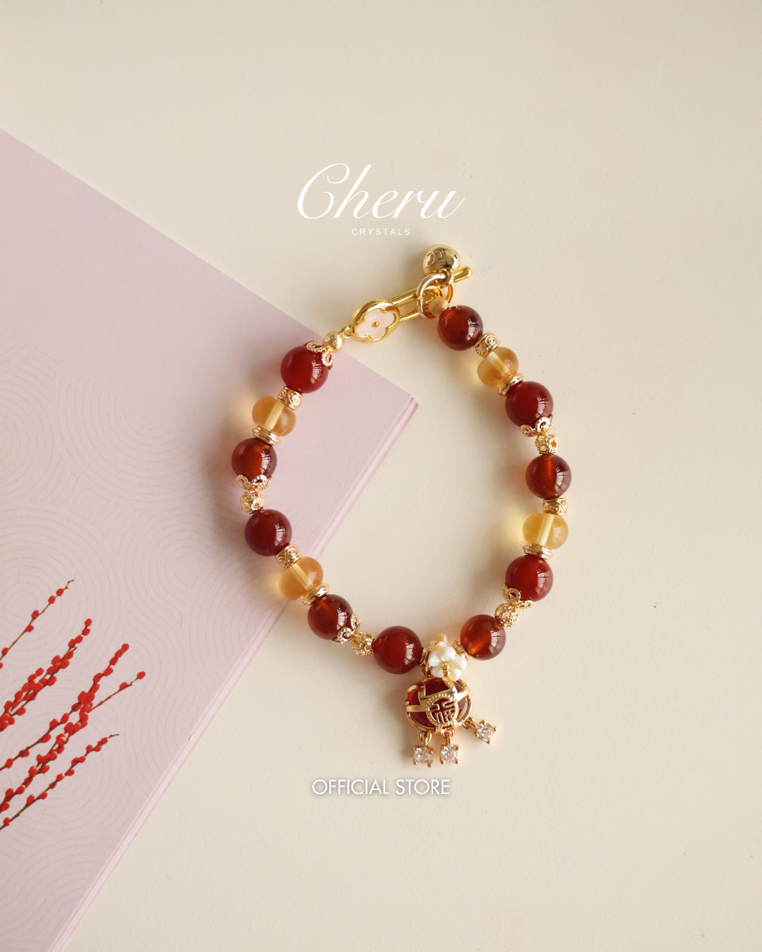 *Luna&Lithoss* Moni Pouch - 8mm Carnelian, Garnet, Citirine with ¾۱¦Åè Dangly Charm (Elastic)