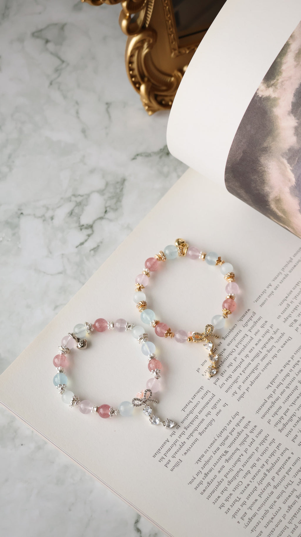 Rose Quartz, Strawberry Quartz, Cat¡¯s Eye & Aquamarine with Ribbon & Triple Heart Charm ¡ª Rivyn | 8mm (Elastic)