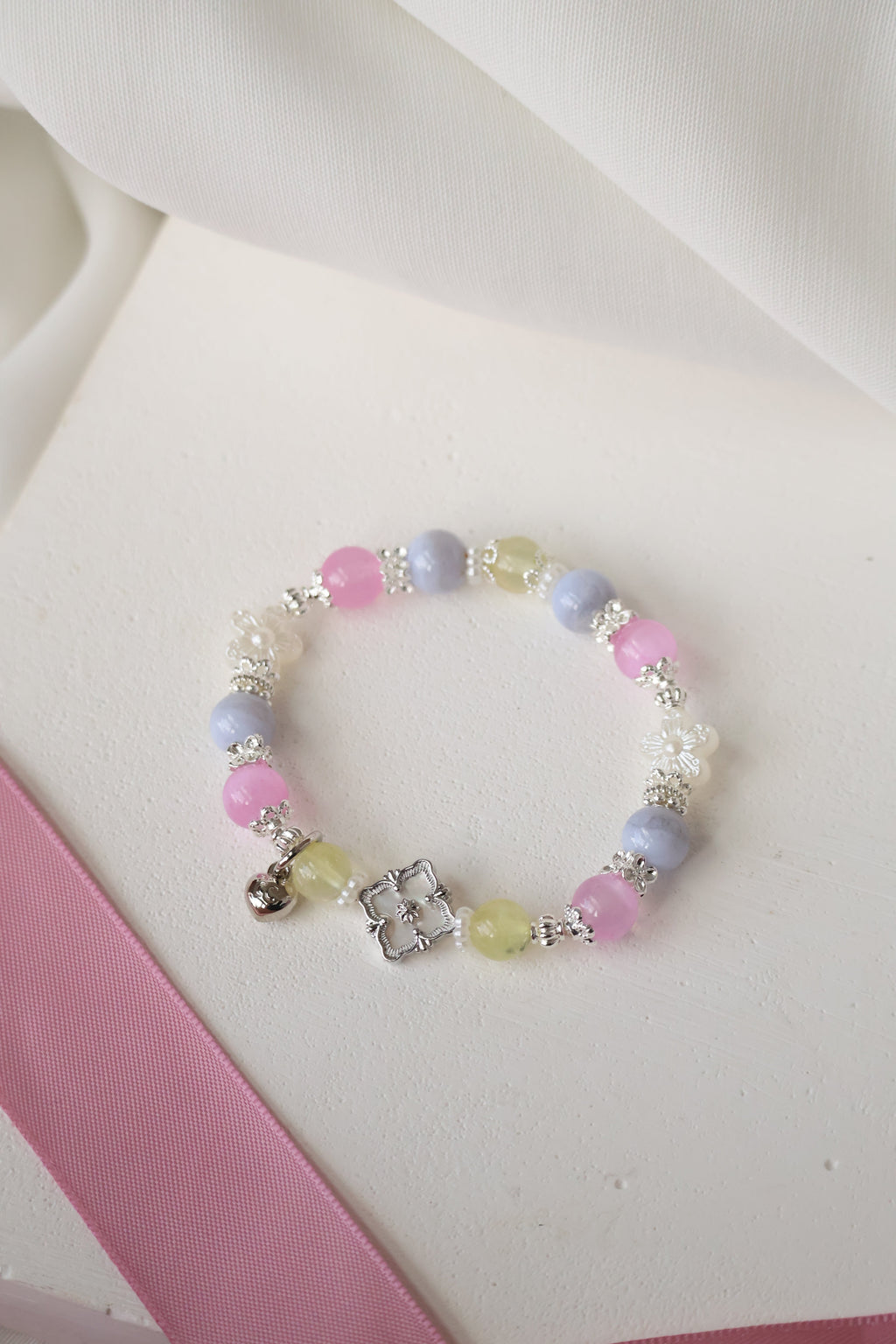 *Luna&Lithoss* Prehnite, Pink Satin Spar & Blue Lace Agate with MOP Clover Natural Crystal Bracelet (Elastic)
