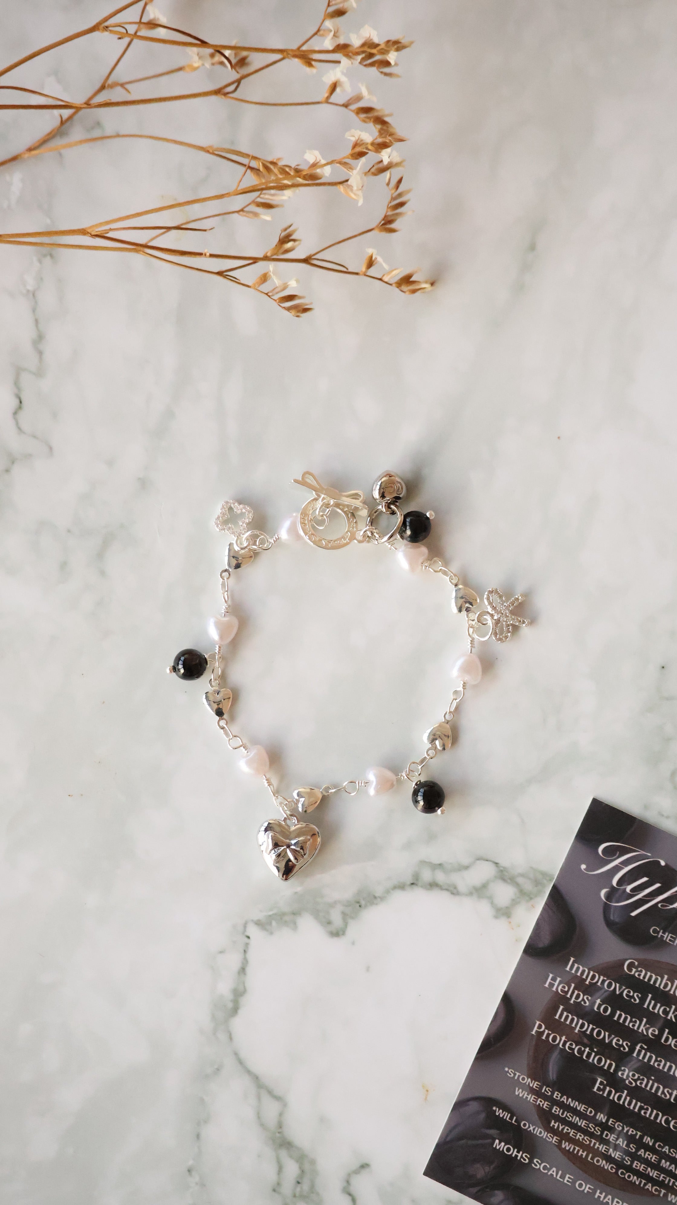 *Luna&Lithoss* Dangly V2 with Ribbon, Heart Locket & Mini Clover Natural Crystal Bracelet (OT Clasp)