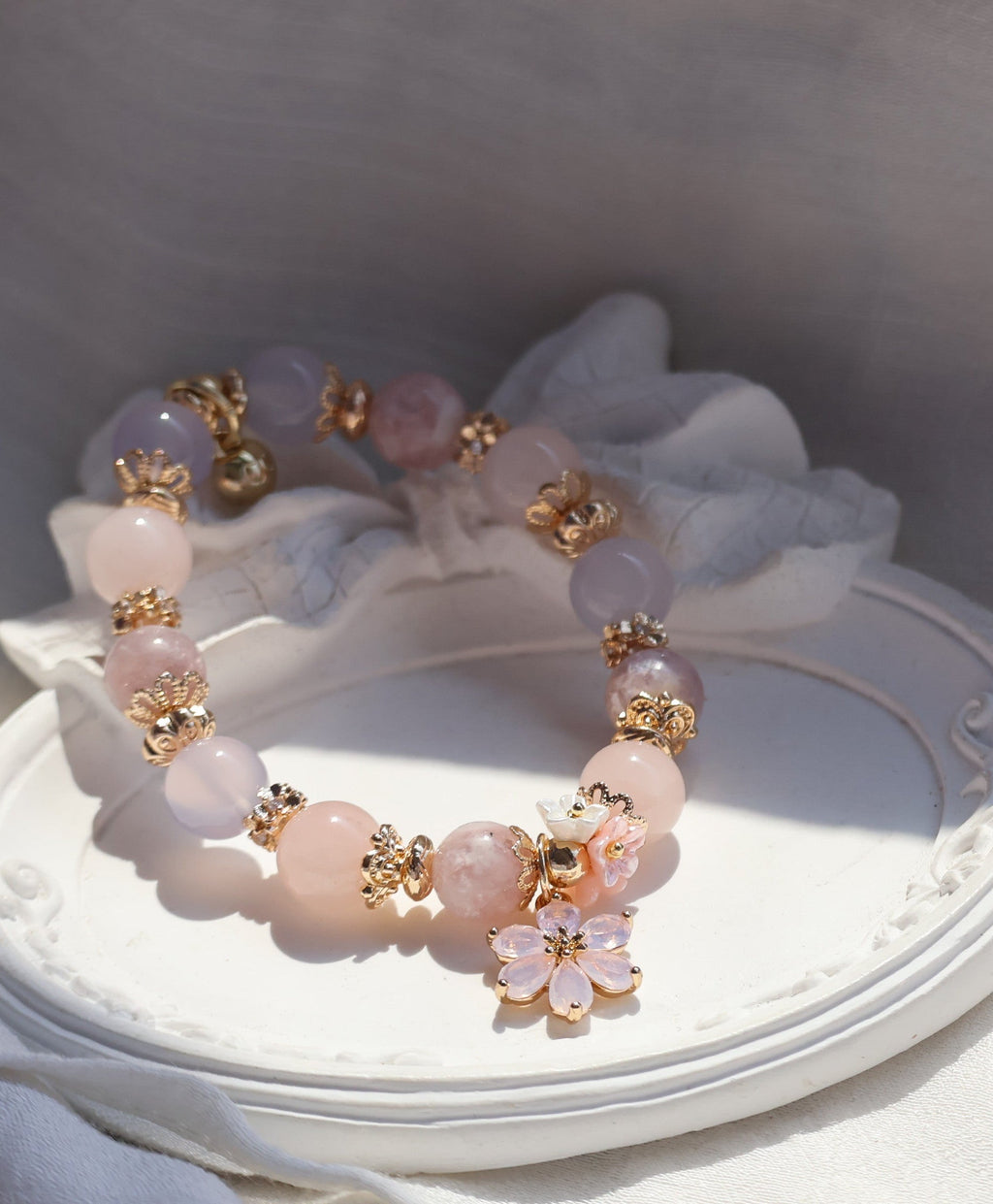 Pink Purple Emerald Mica, Lilac Chalcedony & Rose Quartz with Pink Flower & Mini Flower Bouquet ¡ª Blooming Bouquet | 8mm / 10mm (Elastic)