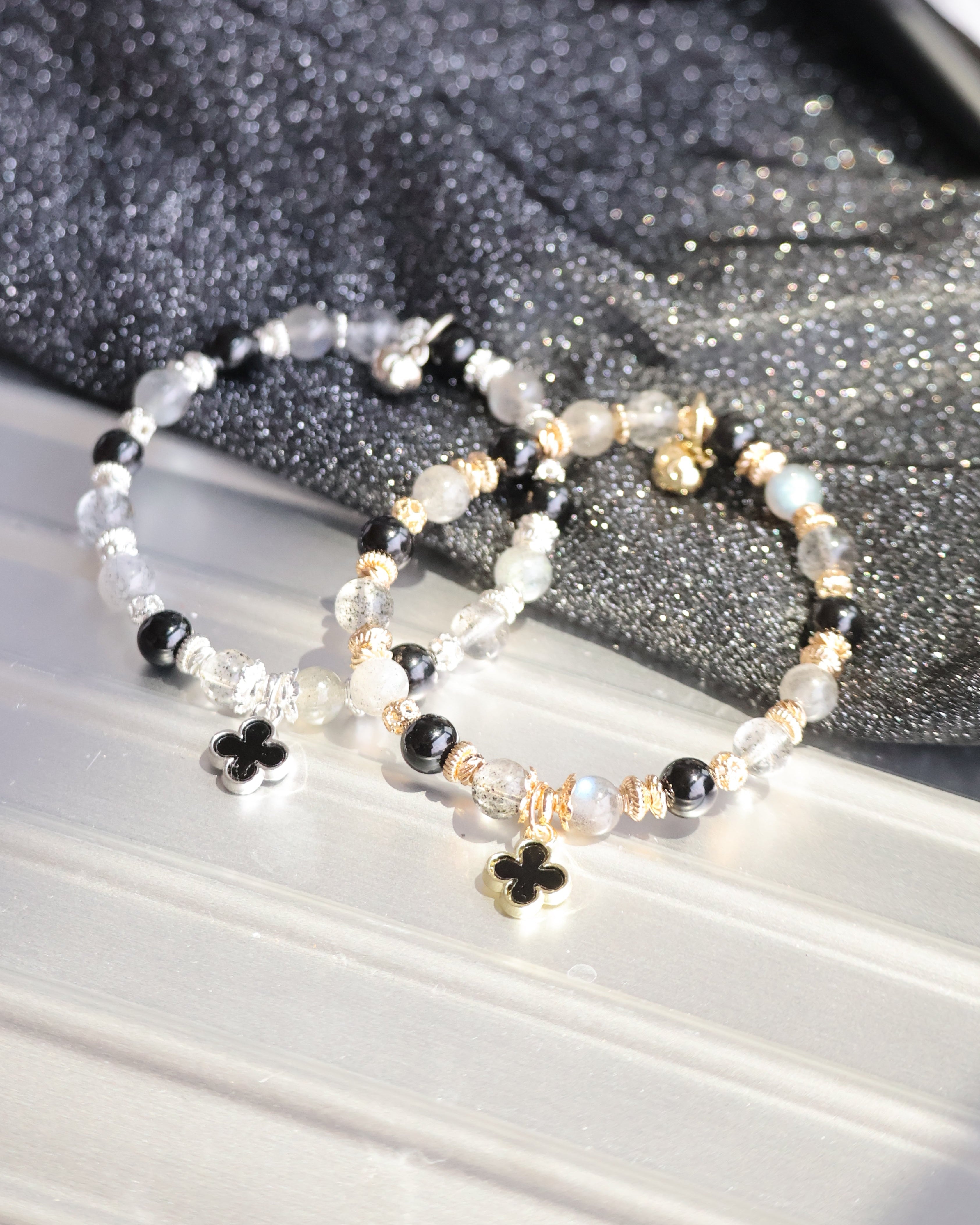 Black Strawberry Quartz, Labradorite & Black Tourmaline  Crystal Bracelet ¡ª Black Mini Clover Stacker | 8mm (Elastic)