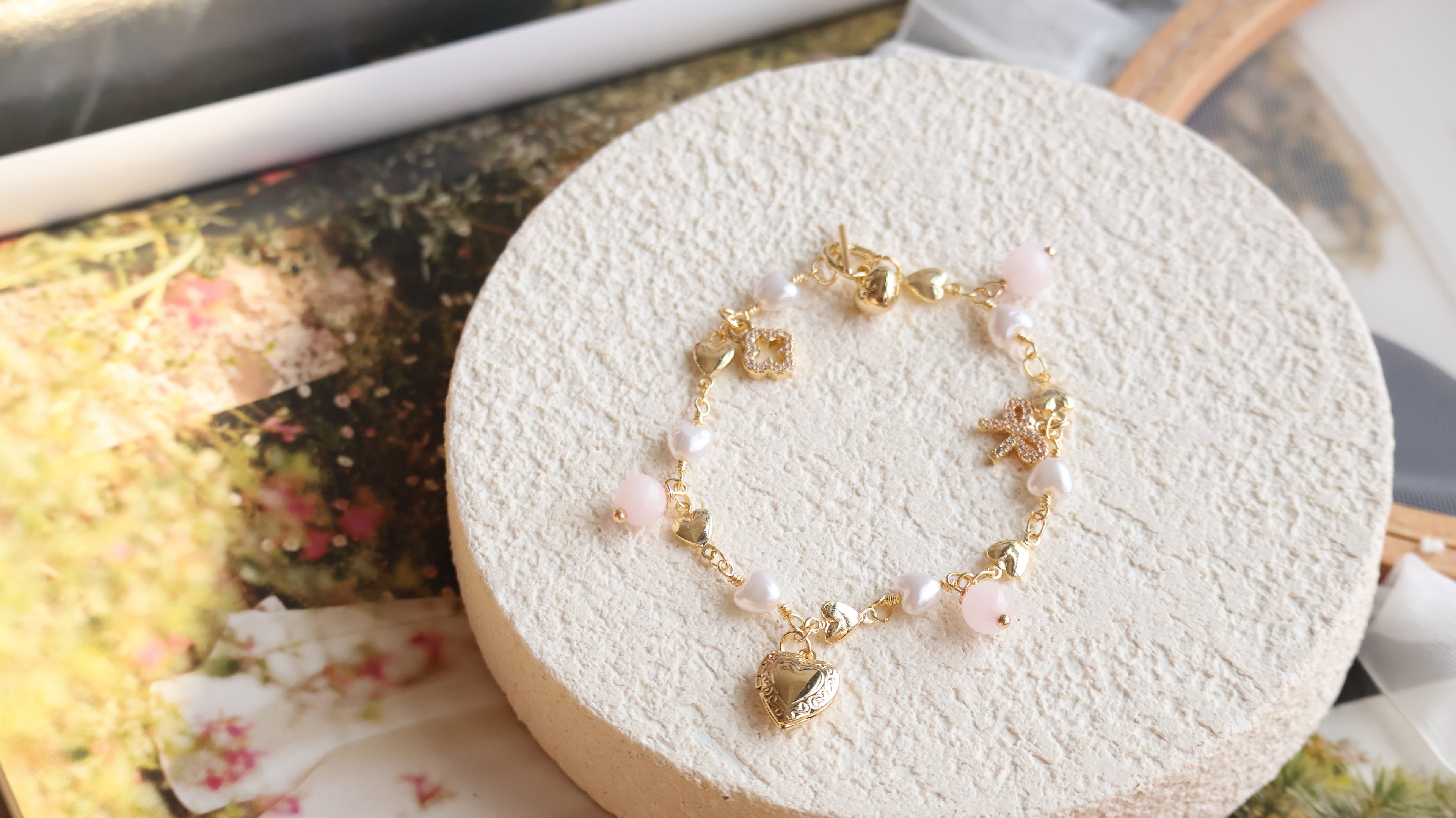 *Luna&Lithoss* Dangly V2 with Ribbon, Heart Locket & Mini Clover Natural Crystal Bracelet (OT Clasp)