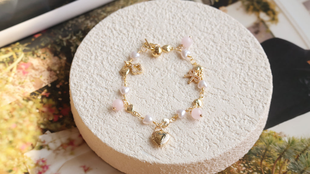 *Luna&Lithoss* Dangly V2 with Ribbon, Heart Locket & Mini Clover Natural Crystal Bracelet (OT Clasp)