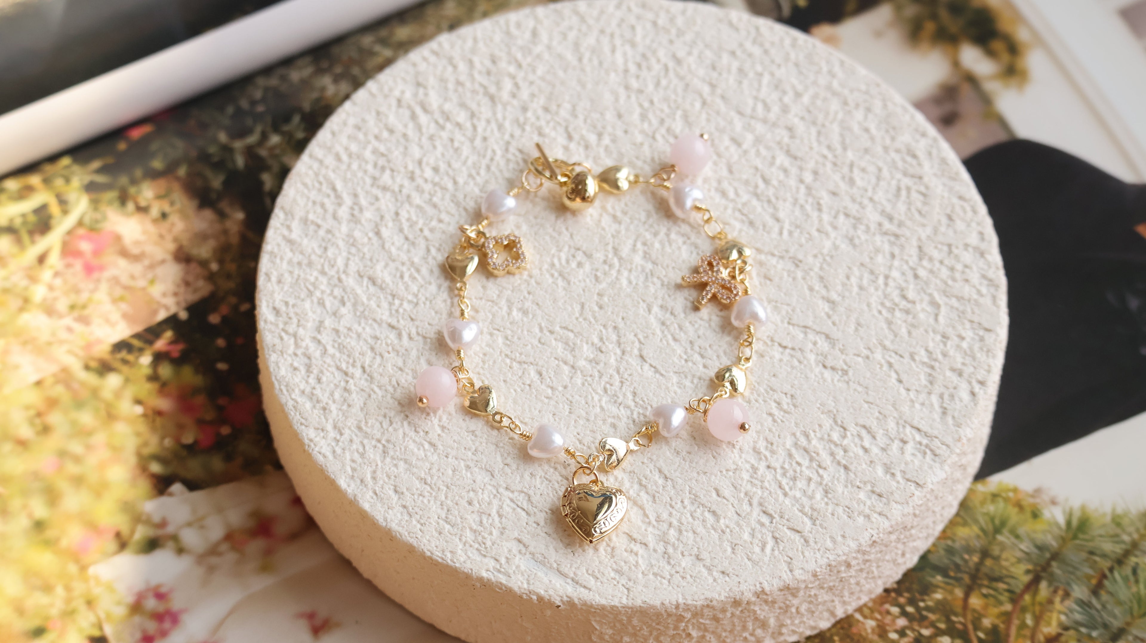 *Luna&Lithoss* Dangly V2 with Ribbon, Heart Locket & Mini Clover Natural Crystal Bracelet (OT Clasp)
