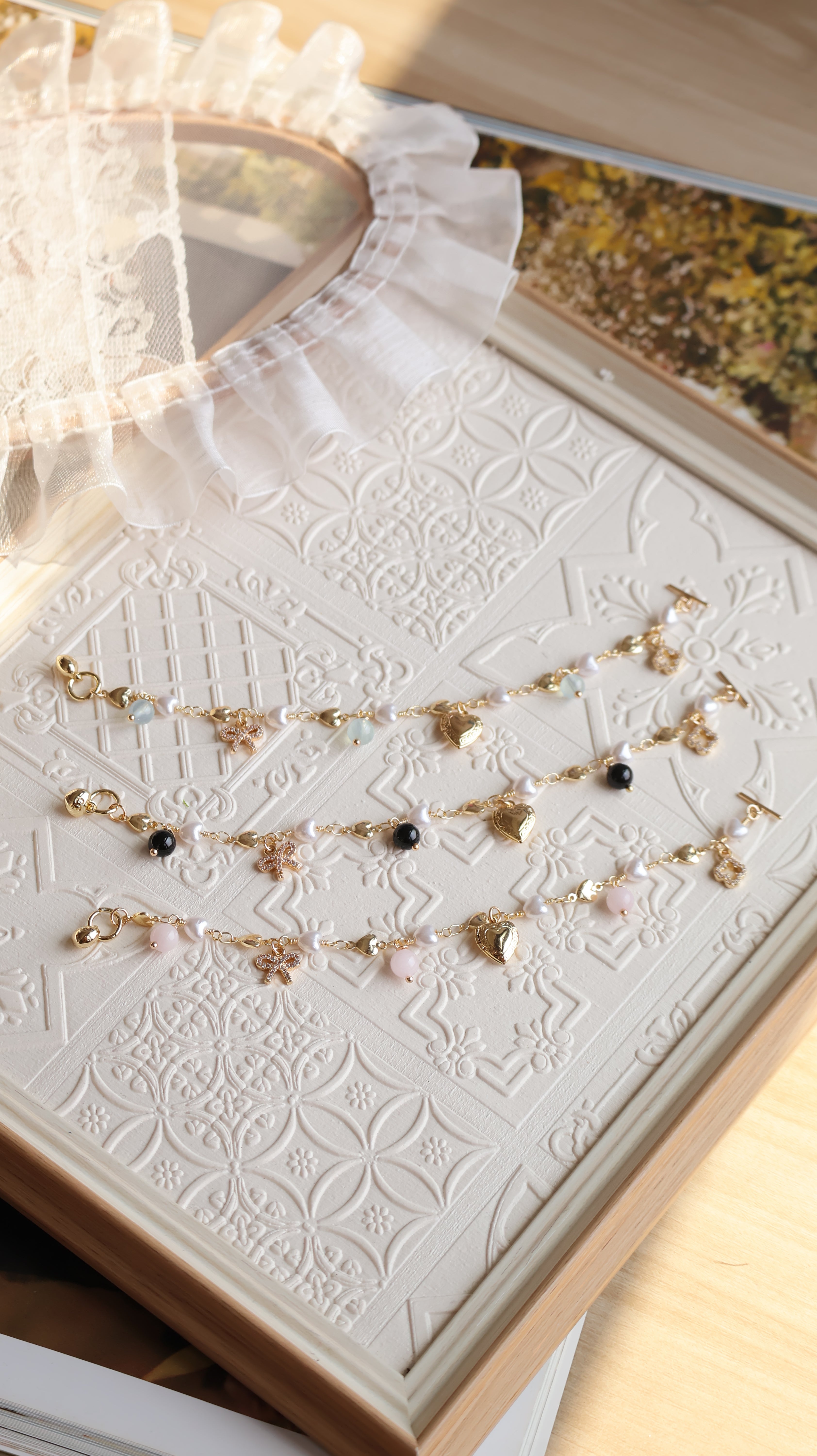 *Luna&Lithoss* Dangly V2 with Ribbon, Heart Locket & Mini Clover Natural Crystal Bracelet (OT Clasp)