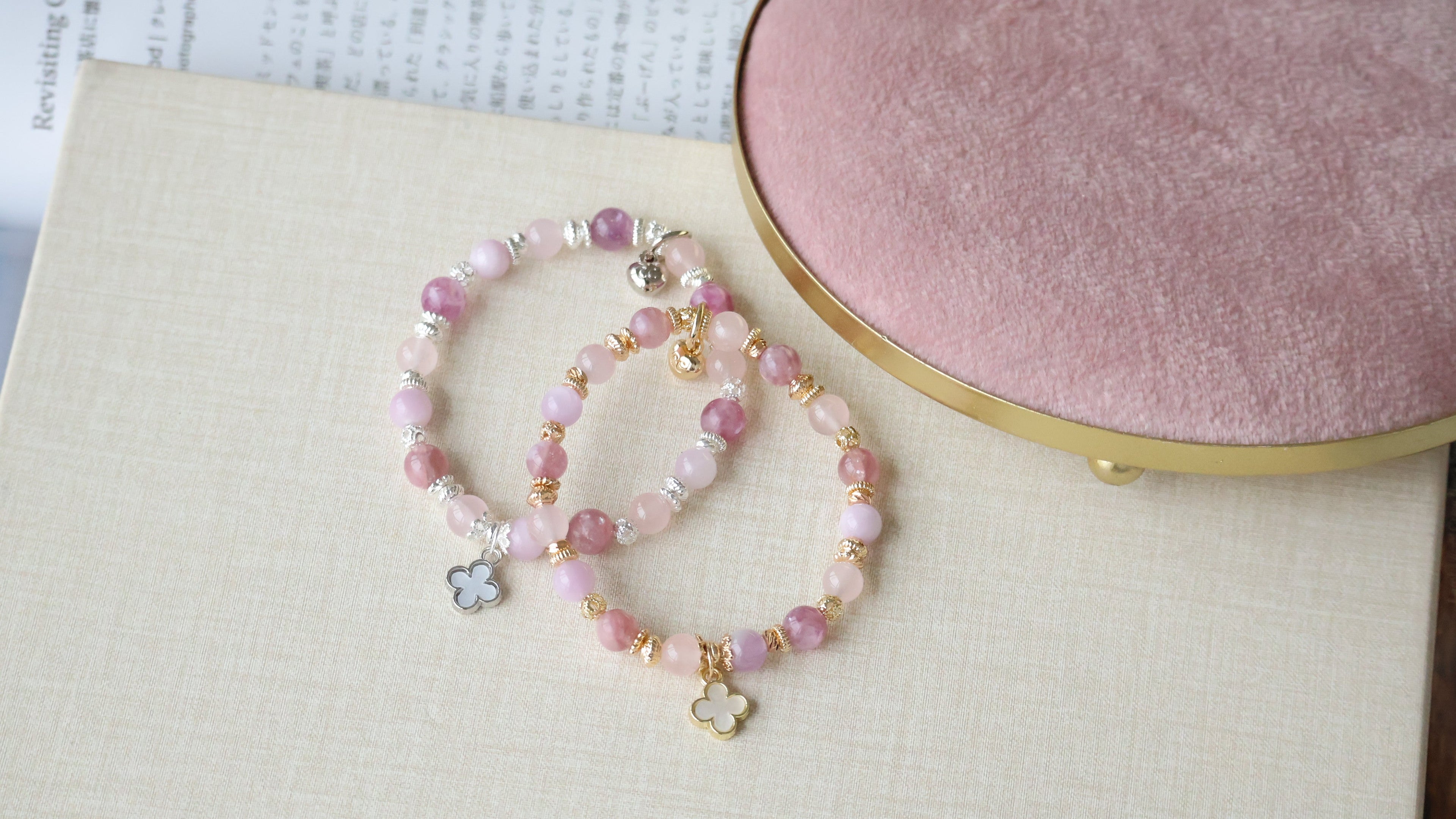 Pink Purple Emerald Mica, Kunzite & Rose Quartz ¡ª Mini Clover Stacker Natural Crystal Bracelet | (Elastic)