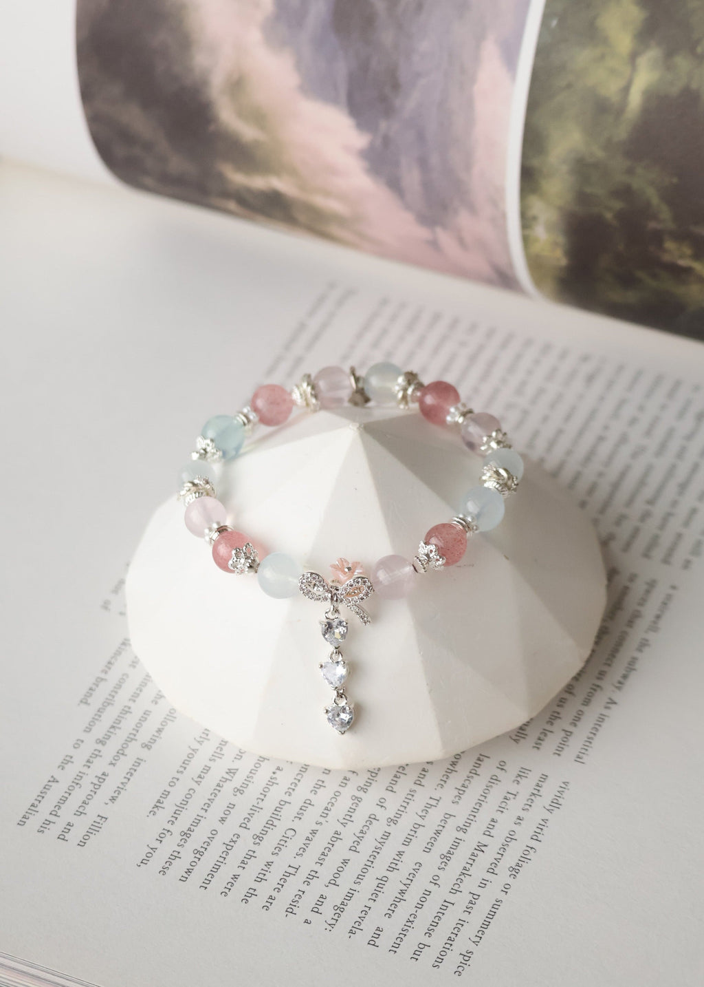 Rose Quartz, Strawberry Quartz, Cat¡¯s Eye & Aquamarine with Ribbon & Triple Heart Charm ¡ª Rivyn | 8mm (Elastic)