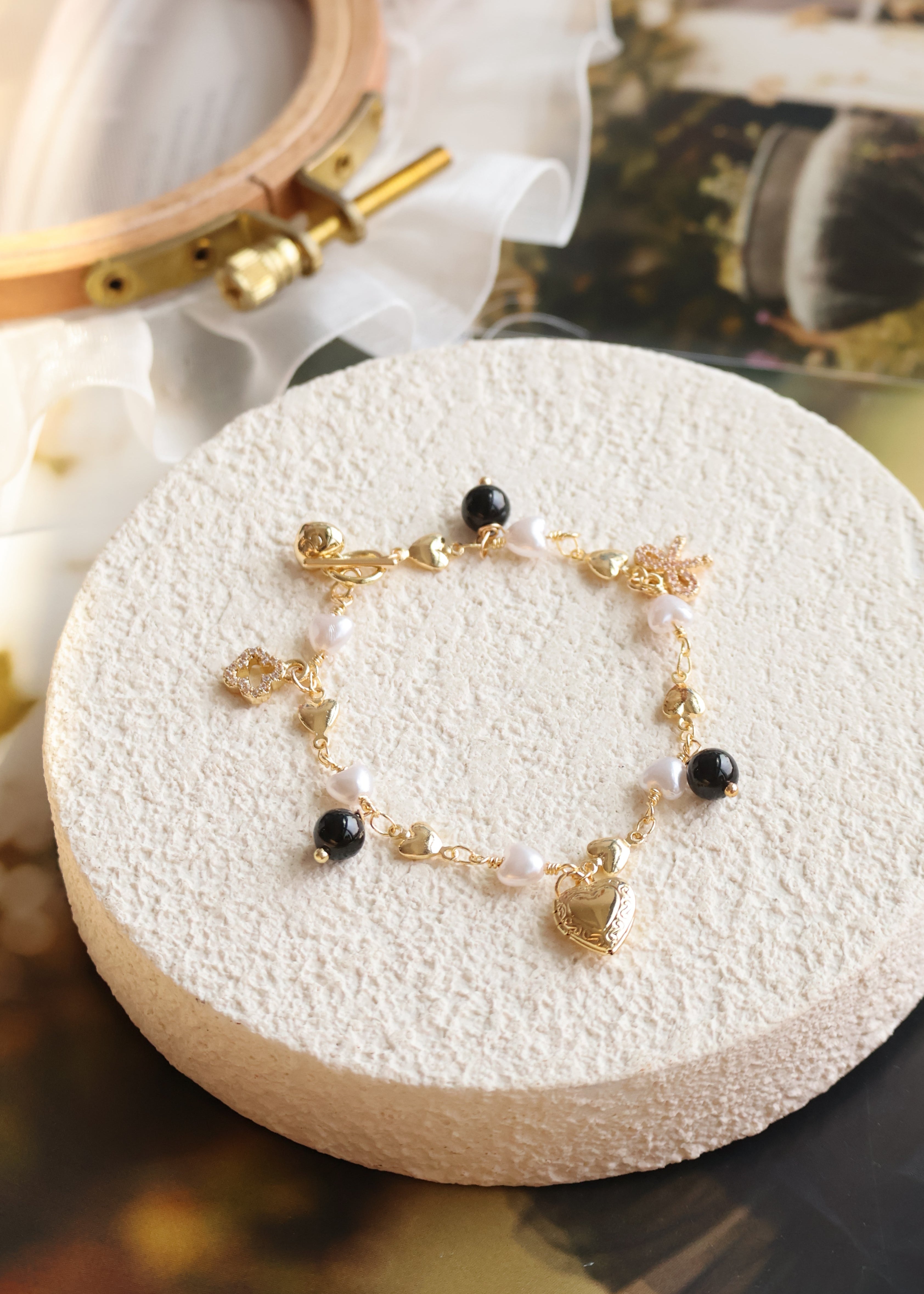 *Luna&Lithoss* Dangly V2 with Ribbon, Heart Locket & Mini Clover Natural Crystal Bracelet (OT Clasp)