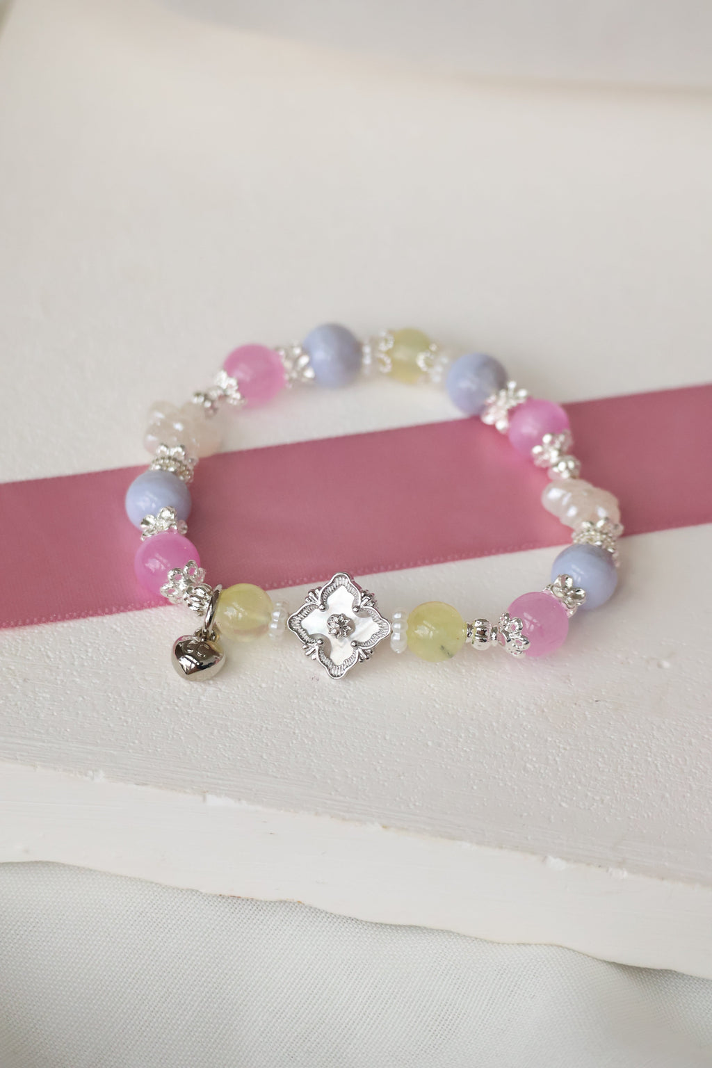 *Luna&Lithoss* Prehnite, Pink Satin Spar & Blue Lace Agate with MOP Clover Natural Crystal Bracelet (Elastic)