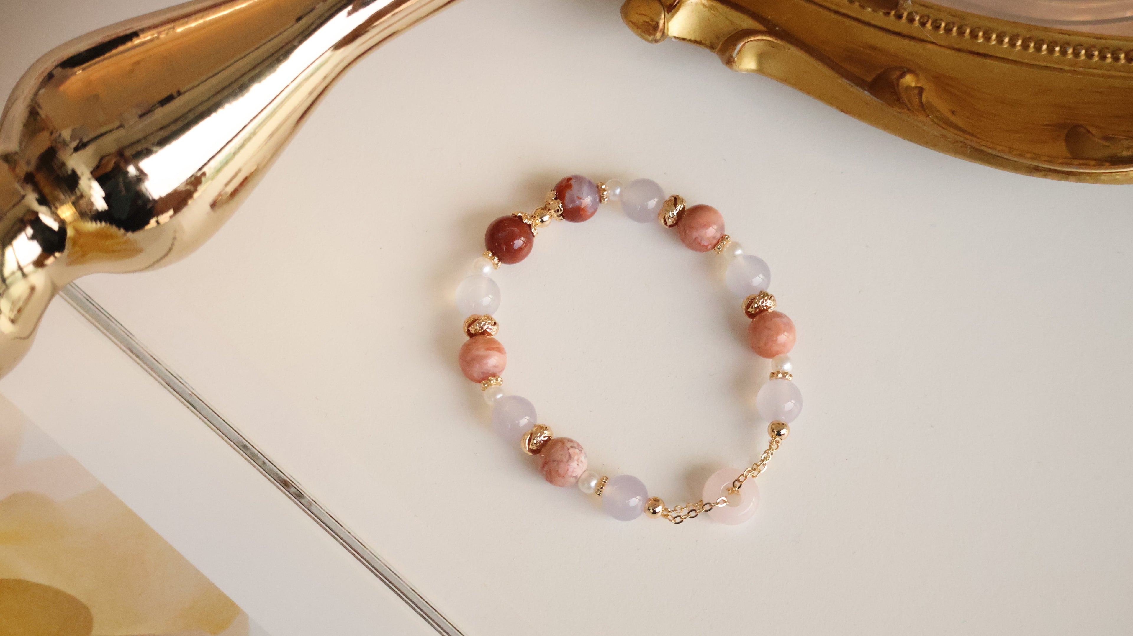 *Luna&Lithoss* Flower Agate & Lilac Chalcedony with Rose Quartz Ping An Kou ƽ°²¿Û Natural Crystal Bracelet (Elastic)