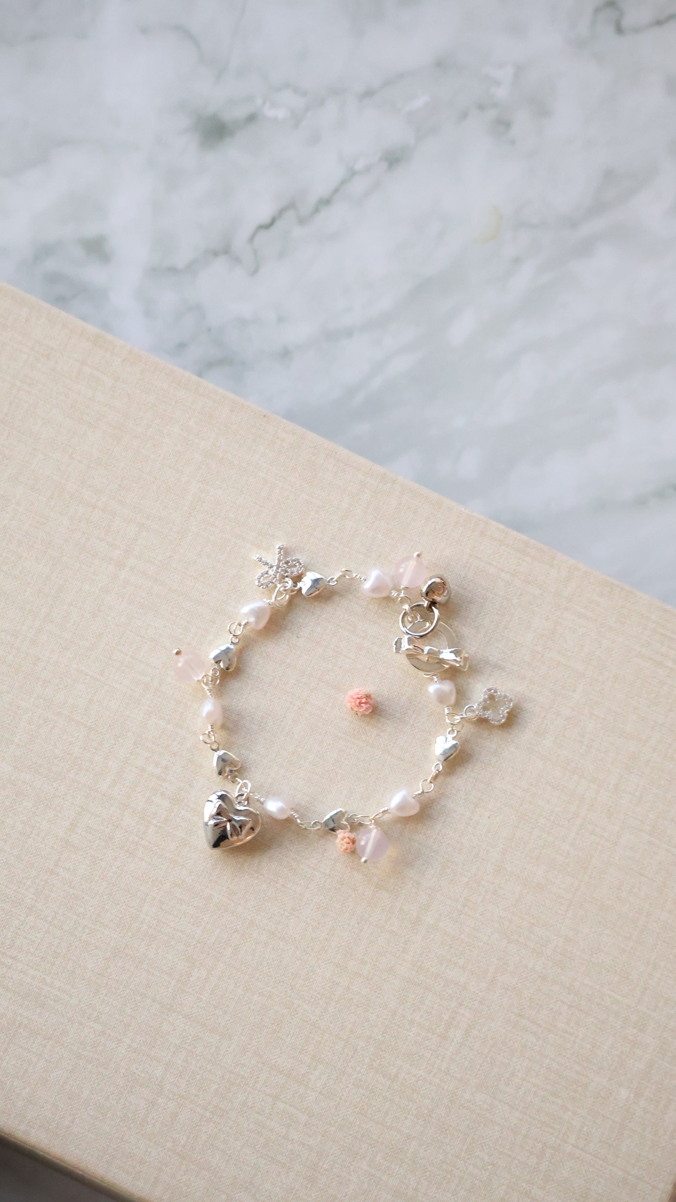 *Luna&Lithoss* Dangly V2 with Ribbon, Heart Locket & Mini Clover Natural Crystal Bracelet (OT Clasp)
