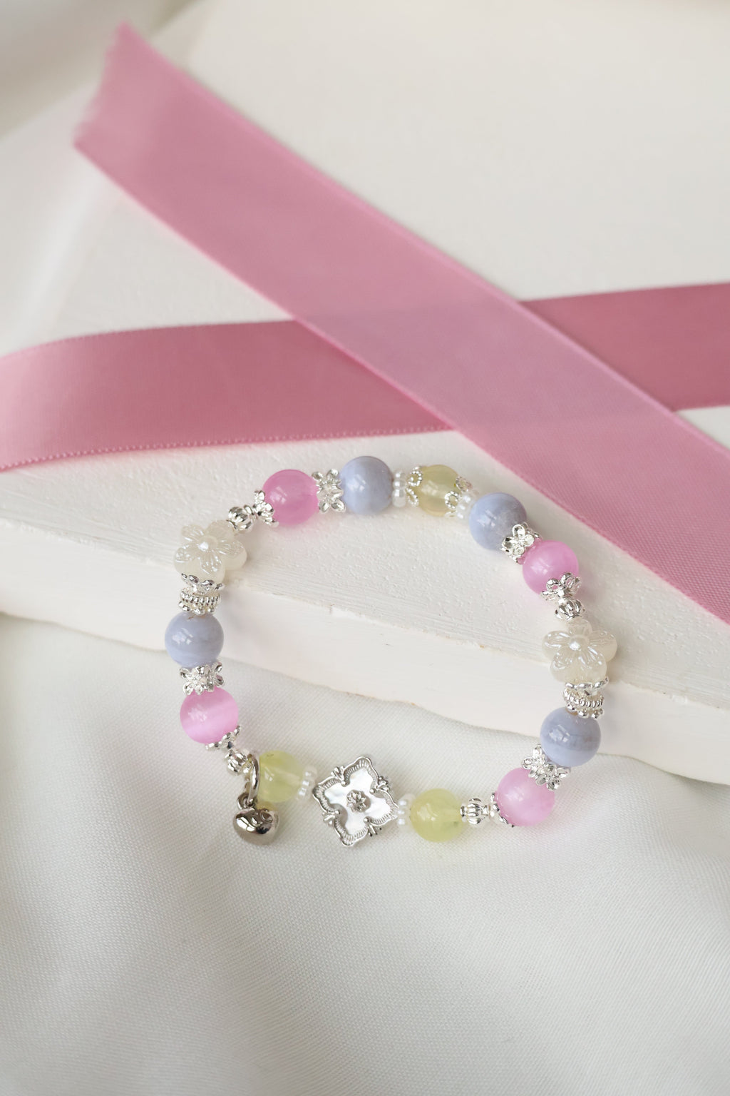 *Luna&Lithoss* Prehnite, Pink Satin Spar & Blue Lace Agate with MOP Clover Natural Crystal Bracelet (Elastic)