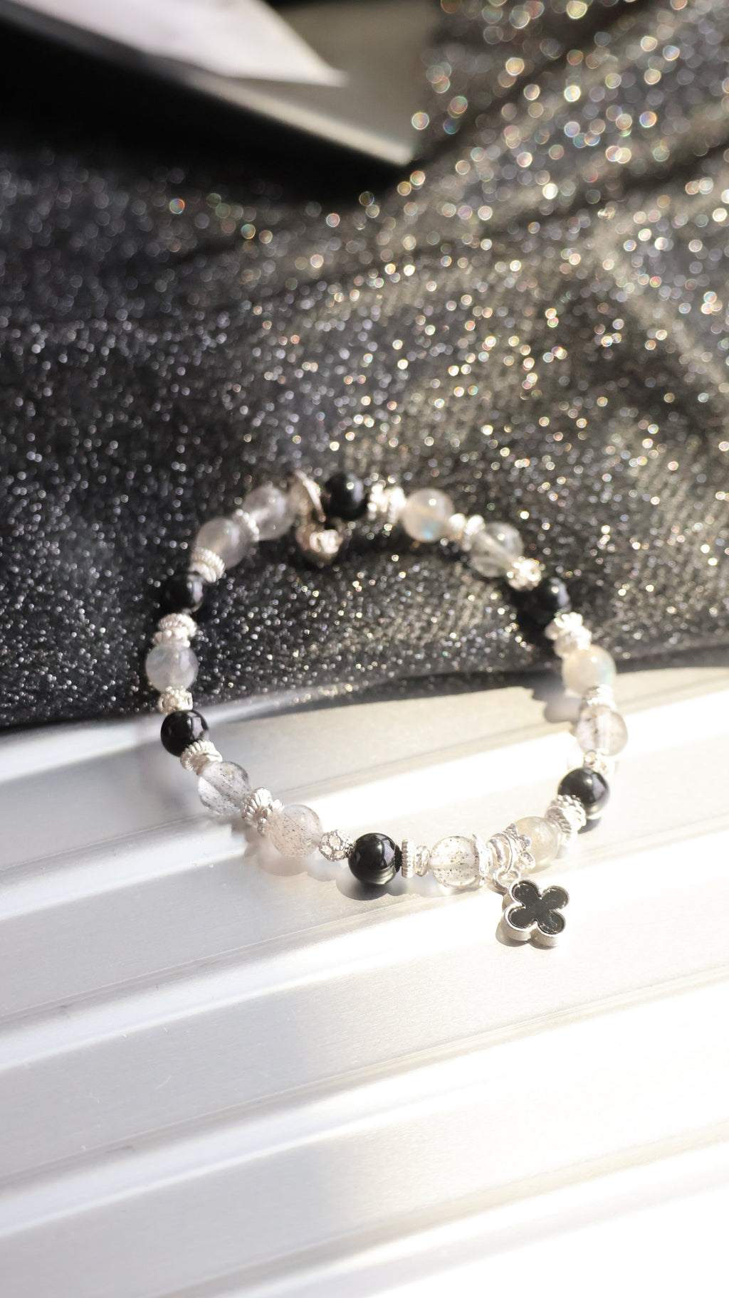 Black Strawberry Quartz, Labradorite & Black Tourmaline  Crystal Bracelet ¡ª Black Mini Clover Stacker | 8mm (Elastic)