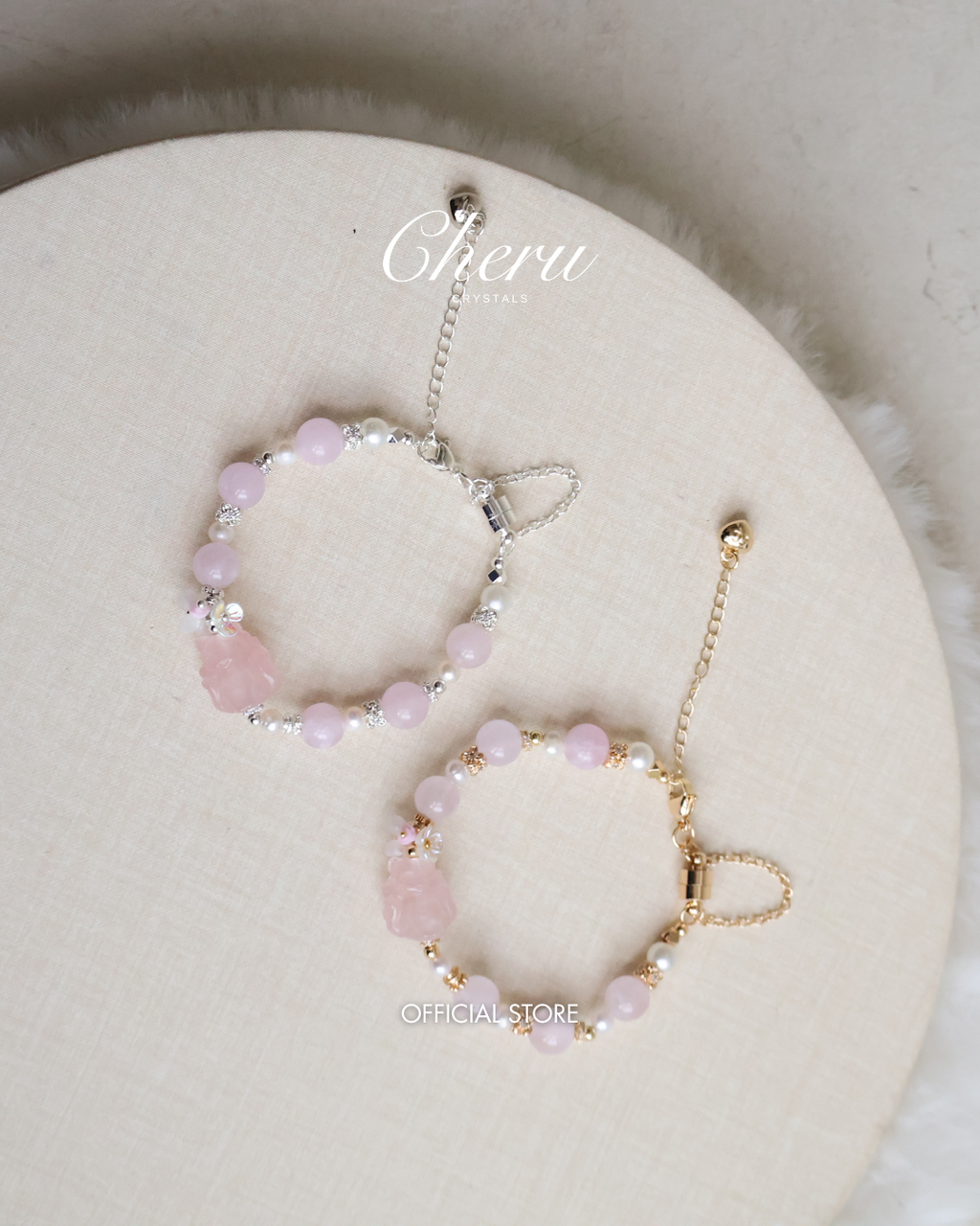 Freshwater Pearl, Snow Garden Rose Quartz, Rose Quartz with Nine-tail Fox Carving ¨C Kyubi Blossom | 8mm (Elastic, Magnetic Opening)