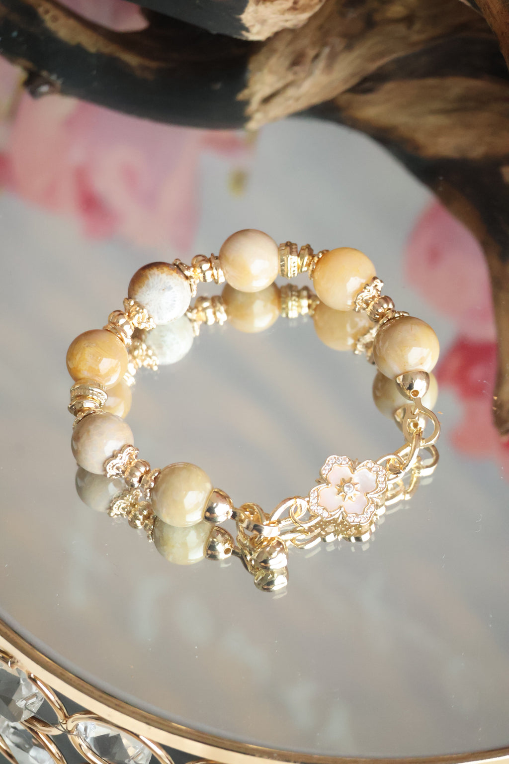 *Luna&Lithoss* Fossilised Coral Jade with Clover Charm Natural Crystal Bracelet (Elastic)