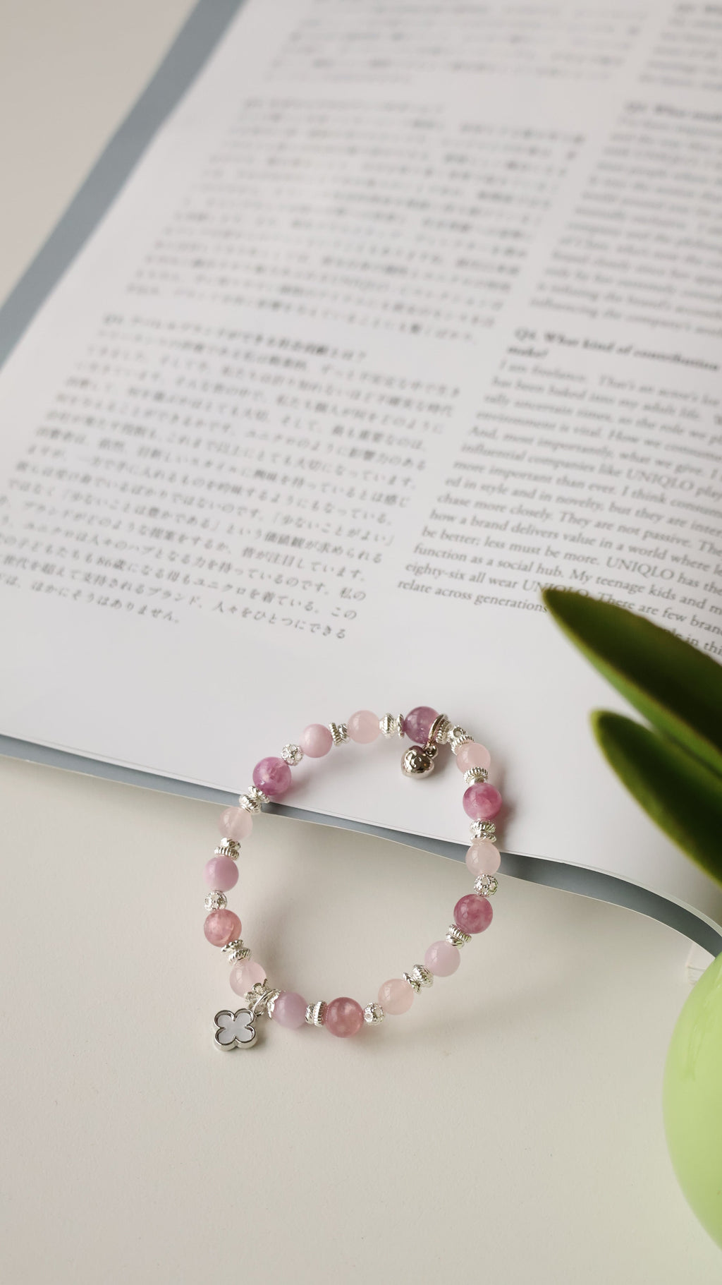 Pink Purple Emerald Mica, Kunzite & Rose Quartz ¡ª Mini Clover Stacker Natural Crystal Bracelet | (Elastic)
