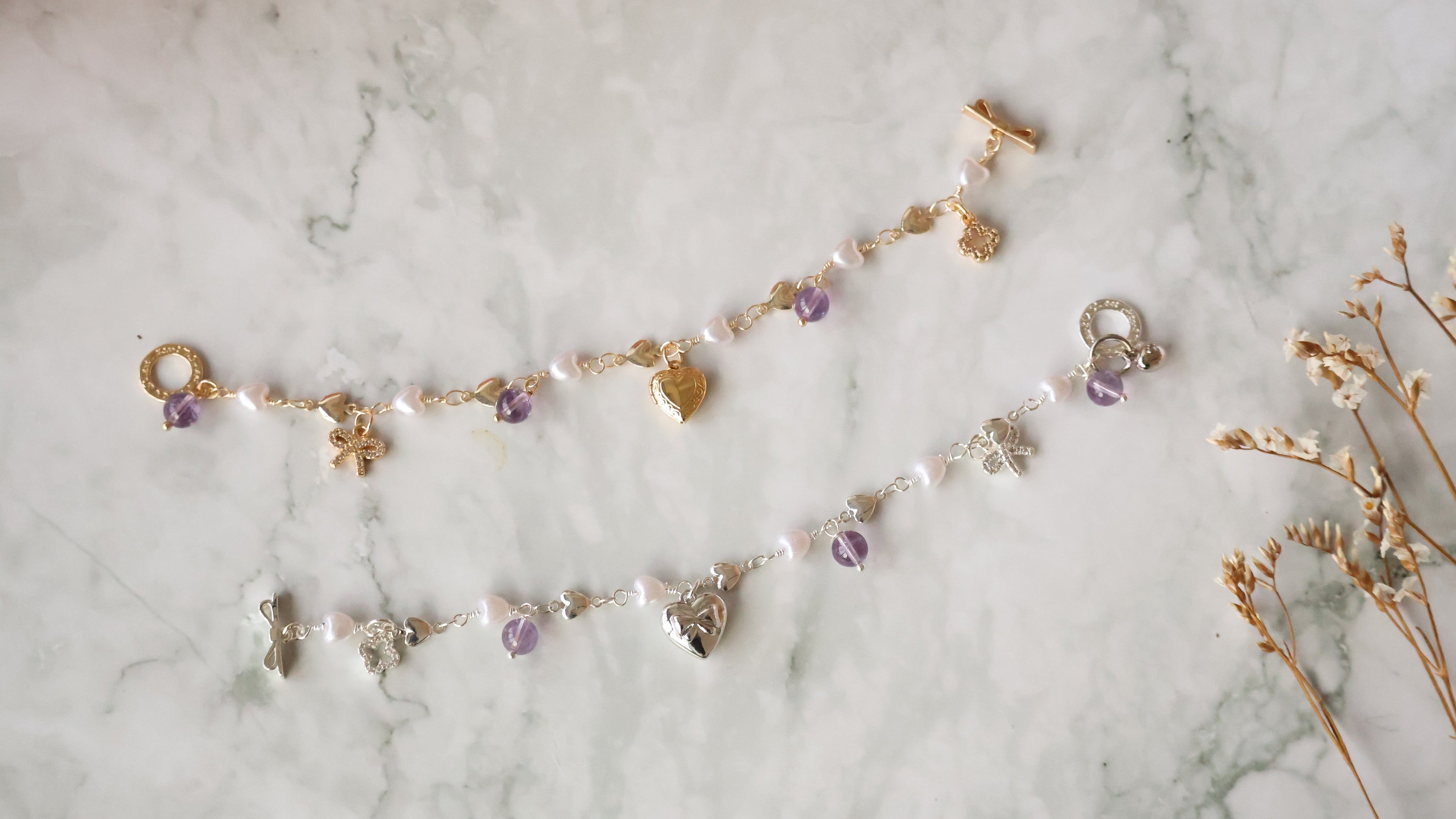 *Luna&Lithoss* Dangly V2 with Ribbon, Heart Locket & Mini Clover Natural Crystal Bracelet (OT Clasp)