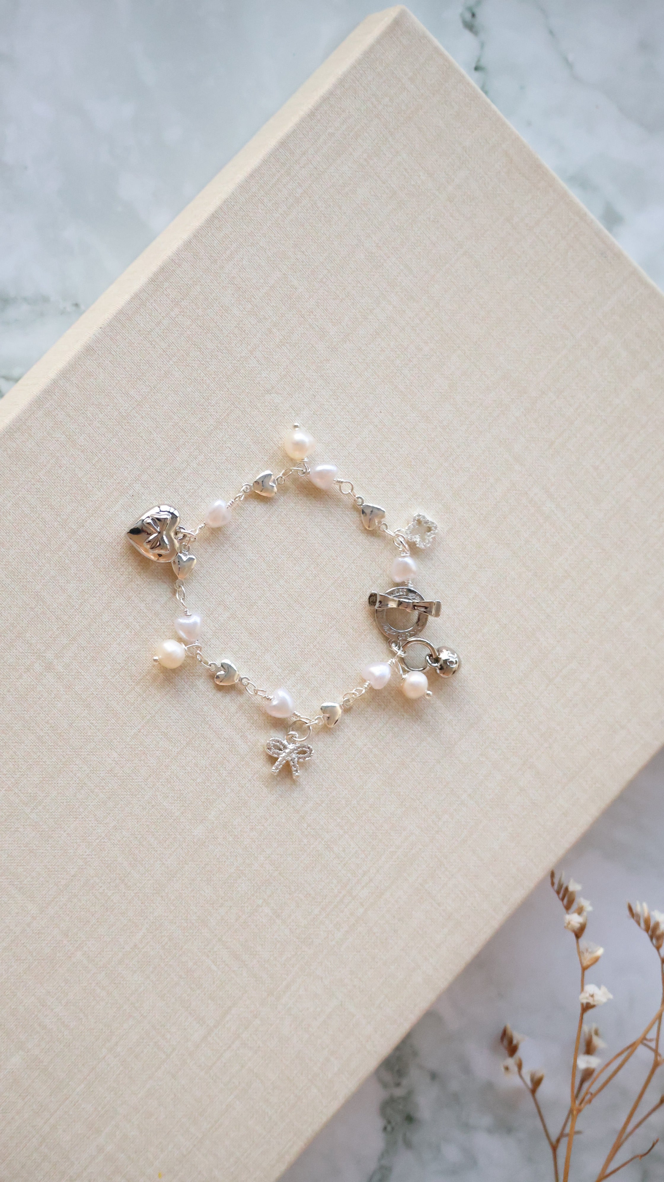 *Luna&Lithoss* Dangly V2 with Ribbon, Heart Locket & Mini Clover Natural Crystal Bracelet (OT Clasp)