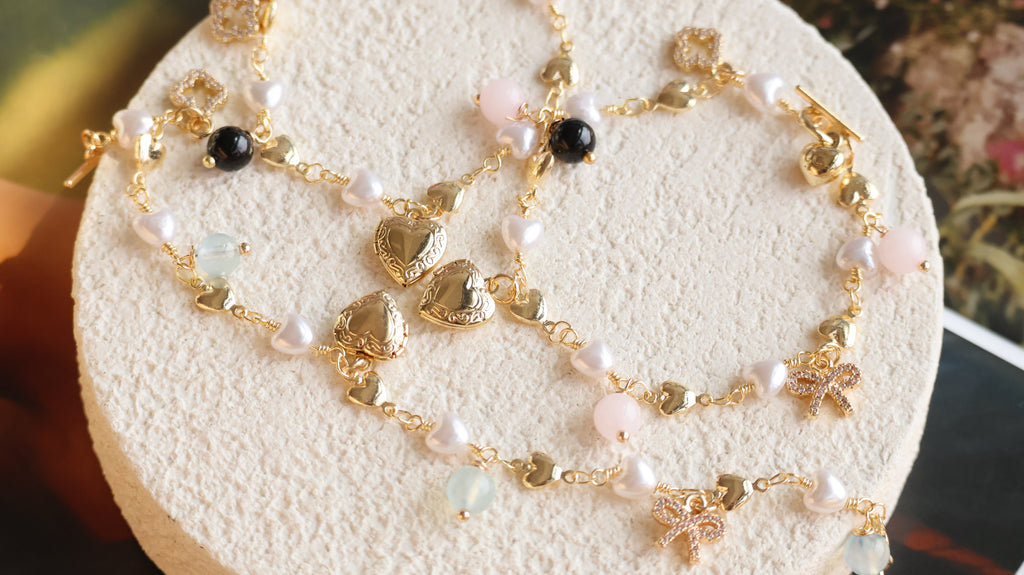 *Luna&Lithoss* Dangly V2 with Ribbon, Heart Locket & Mini Clover Natural Crystal Bracelet (OT Clasp)
