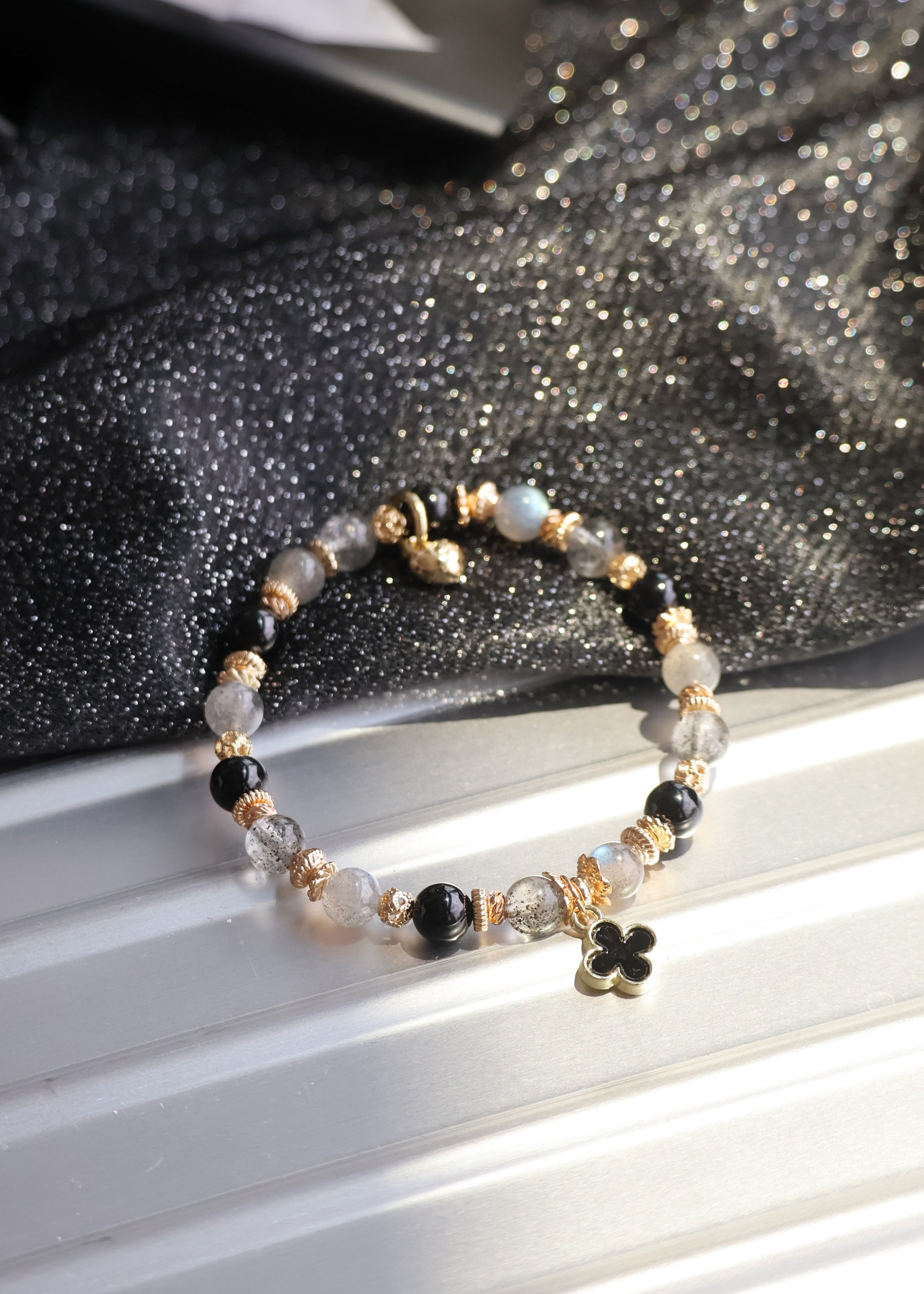 Black Strawberry Quartz, Labradorite & Black Tourmaline  Crystal Bracelet ¡ª Black Mini Clover Stacker | 8mm (Elastic)