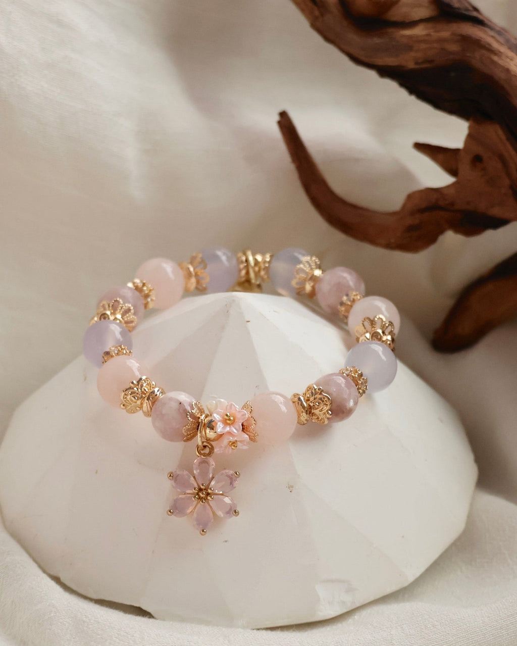 Pink Purple Emerald Mica, Lilac Chalcedony & Rose Quartz with Pink Flower & Mini Flower Bouquet ¡ª Blooming Bouquet | 8mm / 10mm (Elastic)