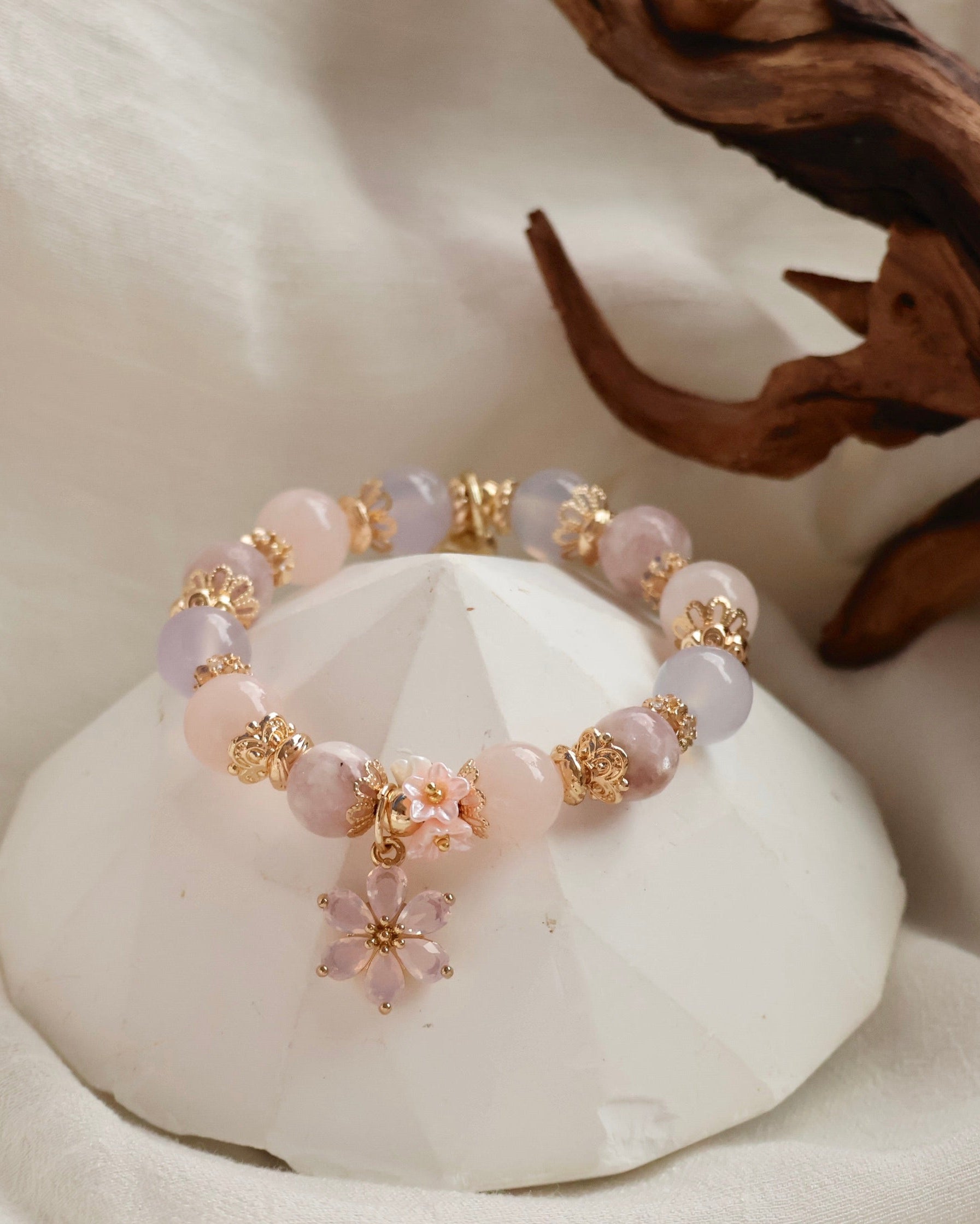 Pink Purple Emerald Mica, Lilac Chalcedony & Rose Quartz with Pink Flower & Mini Flower Bouquet ¡ª Blooming Bouquet | 8mm / 10mm (Elastic)
