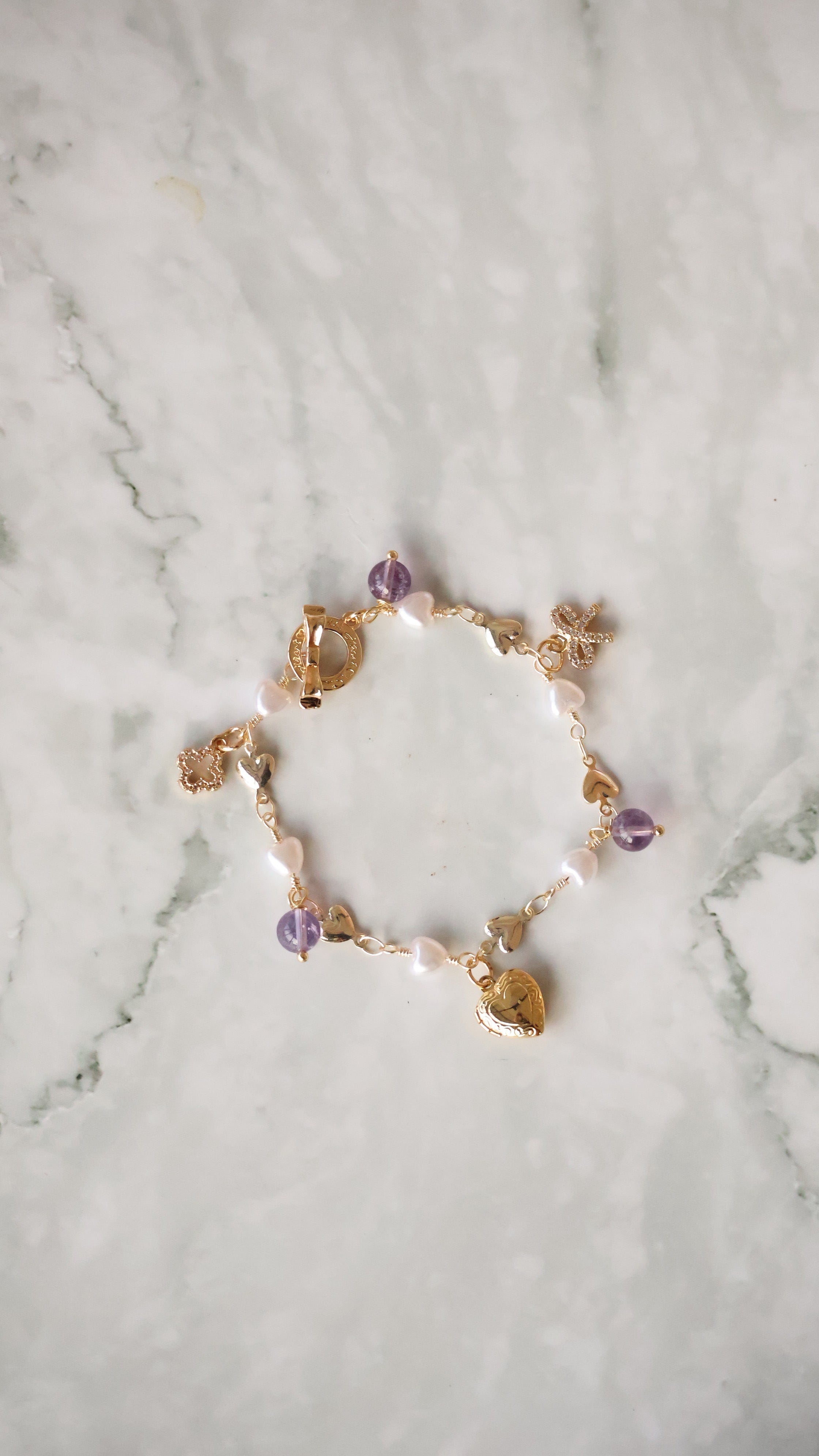 *Luna&Lithoss* Dangly V2 with Ribbon, Heart Locket & Mini Clover Natural Crystal Bracelet (OT Clasp)