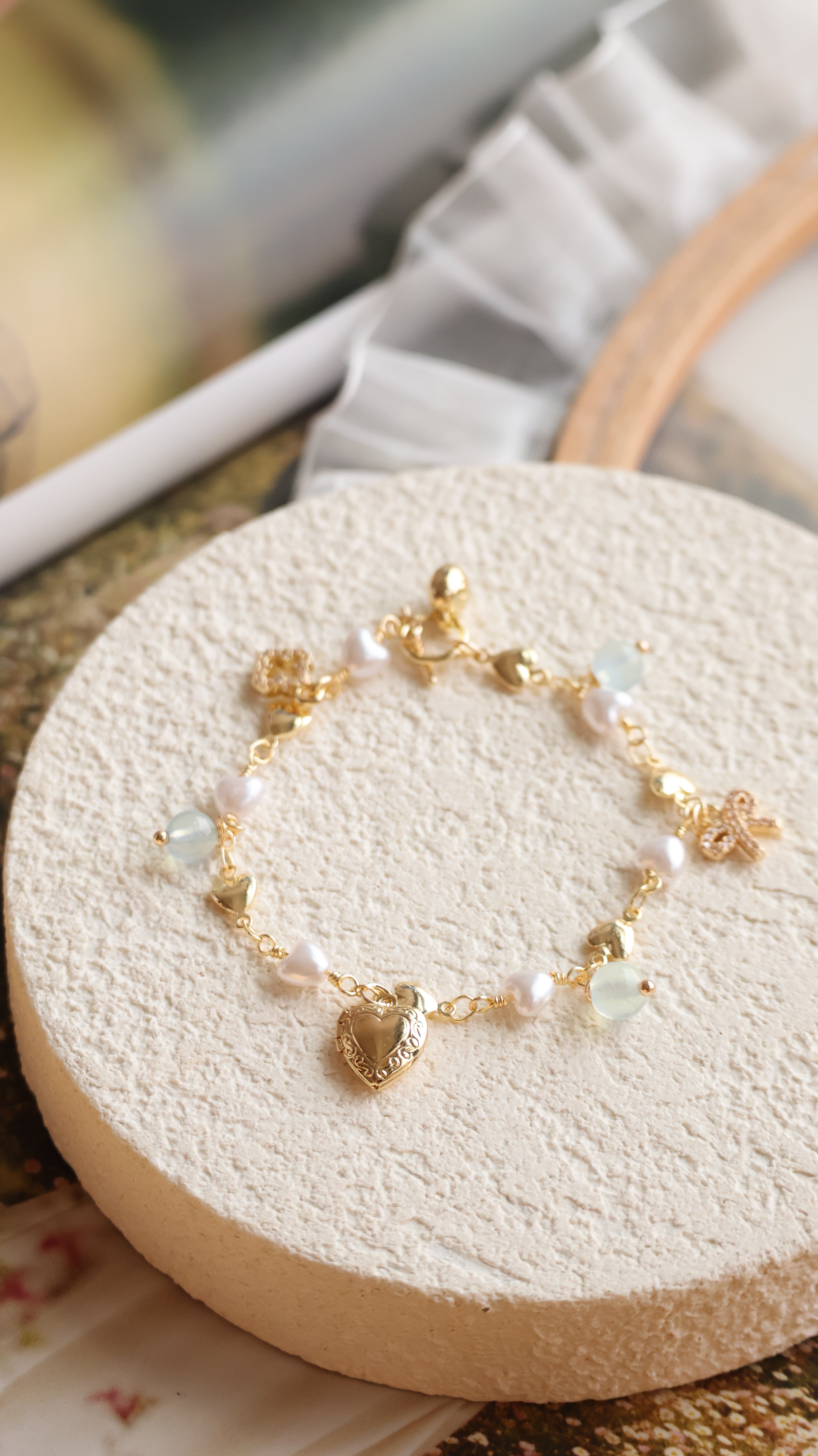 *Luna&Lithoss* Dangly V2 with Ribbon, Heart Locket & Mini Clover Natural Crystal Bracelet (OT Clasp)