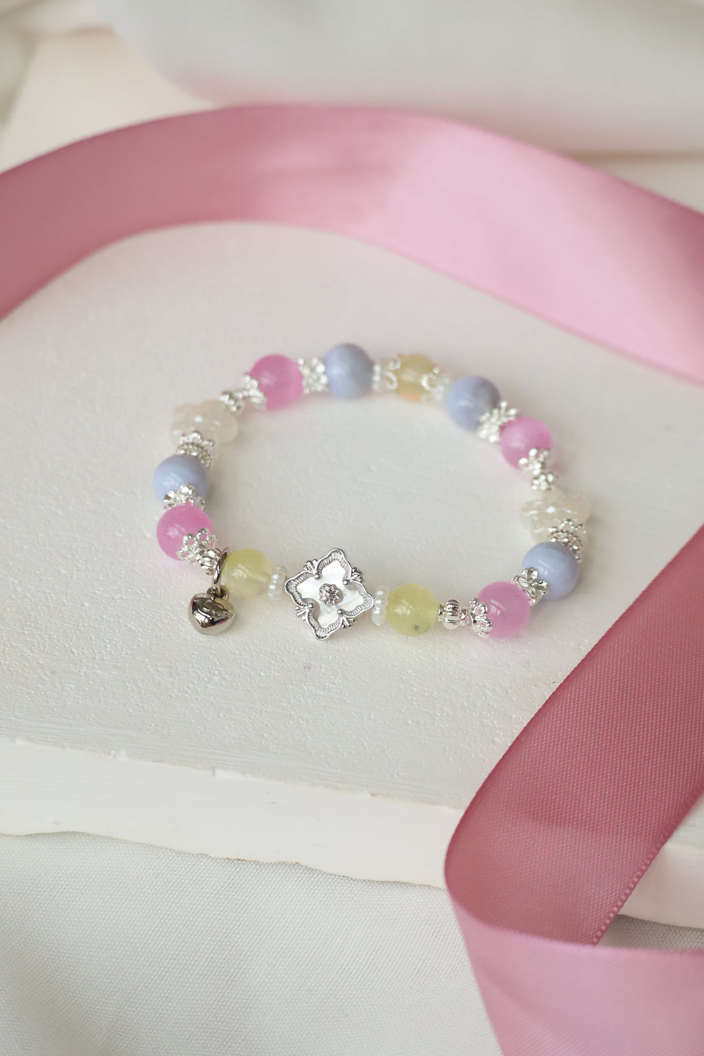 *Luna&Lithoss* Prehnite, Pink Satin Spar & Blue Lace Agate with MOP Clover Natural Crystal Bracelet (Elastic)