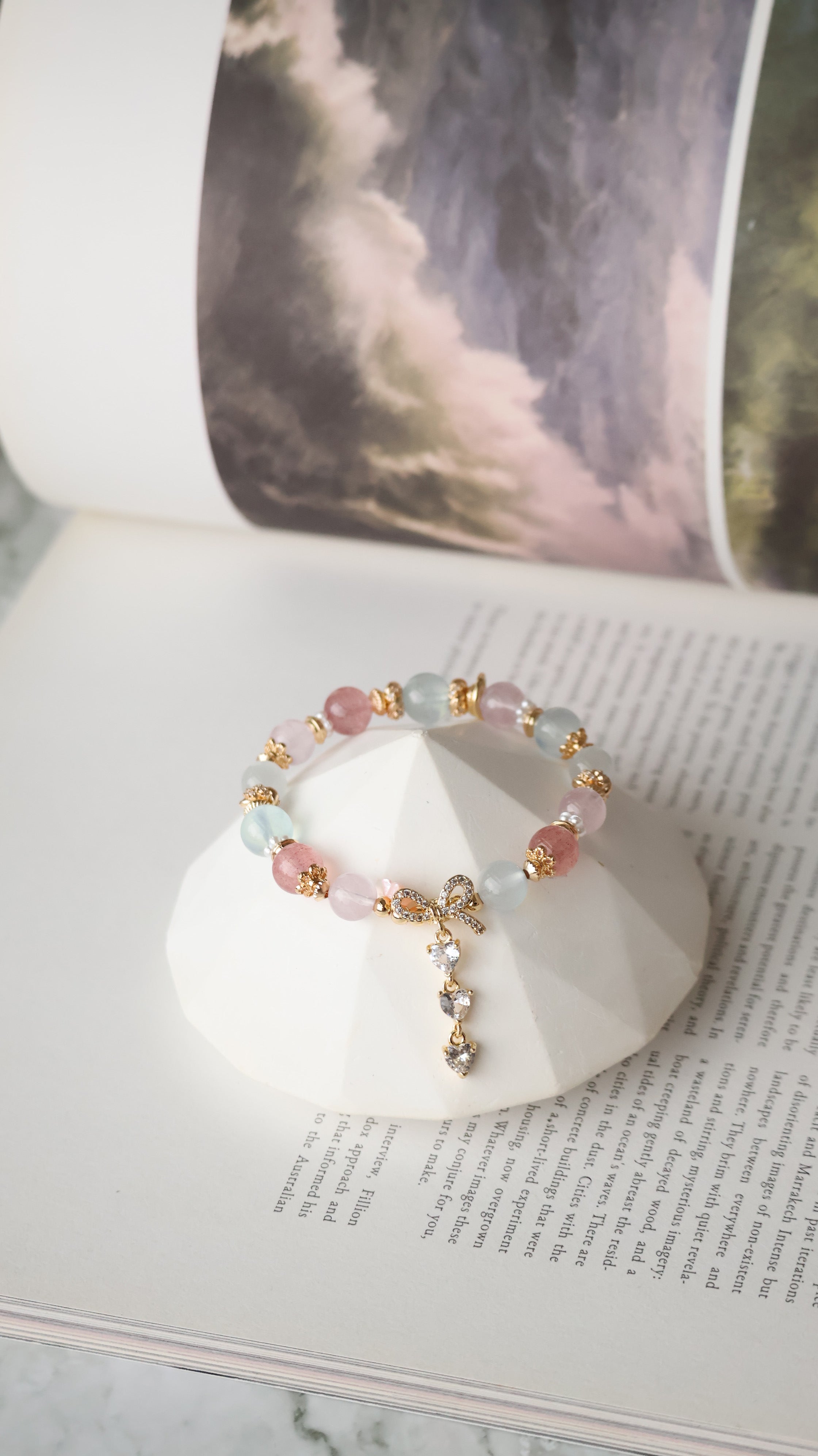 Rose Quartz, Strawberry Quartz, Cat¡¯s Eye & Aquamarine with Ribbon & Triple Heart Charm ¡ª Rivyn | 8mm (Elastic)