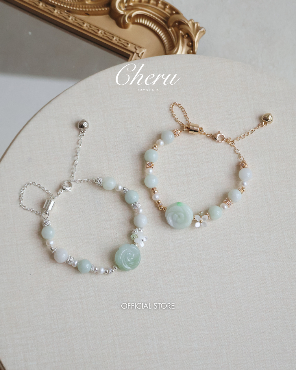 Green Jadeite & Freshwater Pearl ¡ª Viridiflora | 8mm (Elastic, Magenta Clasp)