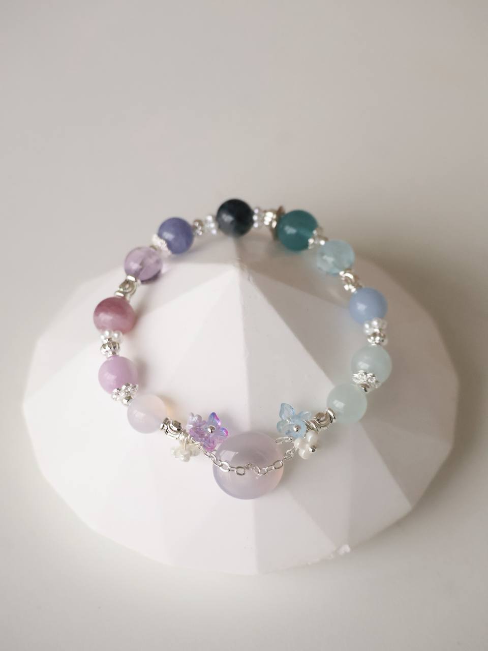 Angelite, Blue Fluorite, Aquamarine, Blue Topaz, Pietersite, Tanzanite, Amethyst, Pink Purple Emerald Mica, Kunzite & Lilac Chalcedony ¡ª Illia Ping An Kou Duobao | 8mm (Elastic)