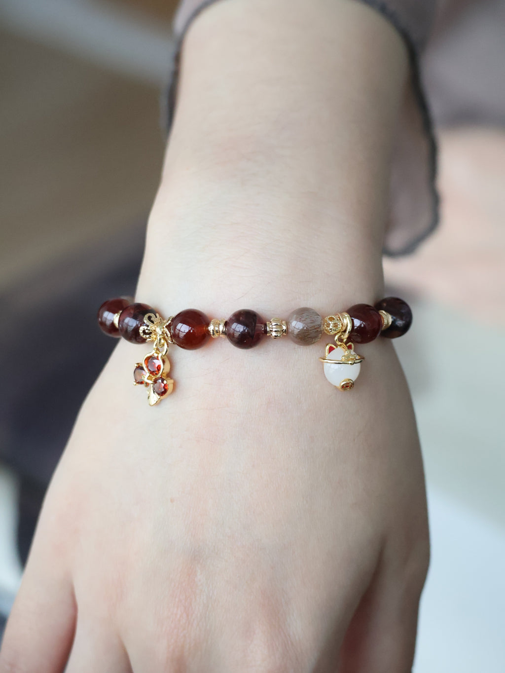 Fire Quartz, Garnet & Black Gold Skeletal Sunstone with Lucky Cat, Red Clover & Fu Charm ¡ª Crimson Blessing | 8mm (Elastic, OT Clasp)