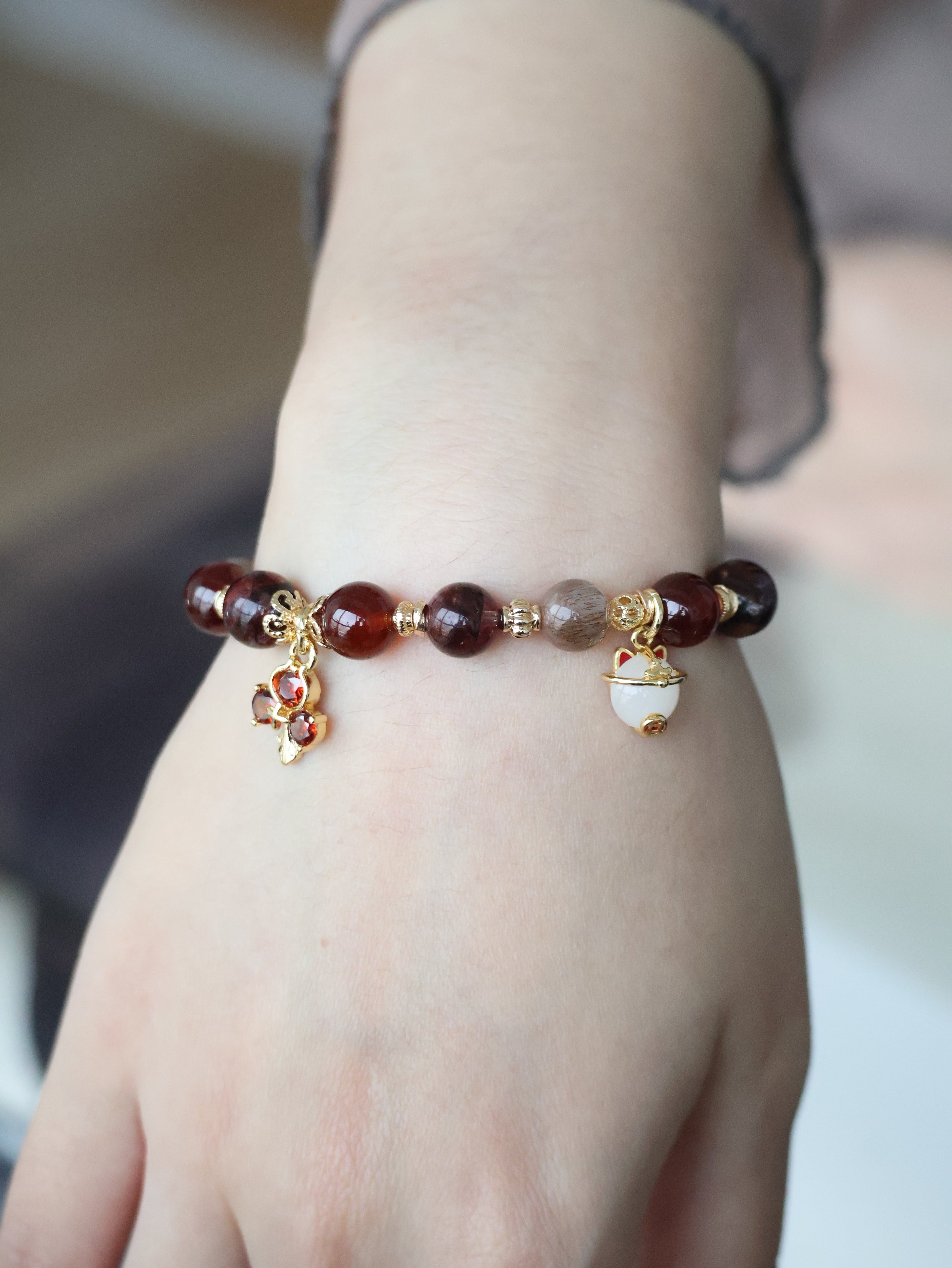 Fire Quartz, Garnet & Black Gold Skeletal Sunstone with Lucky Cat, Red Clover & Fu Charm ¡ª Crimson Blessing | 8mm (Elastic, OT Clasp)