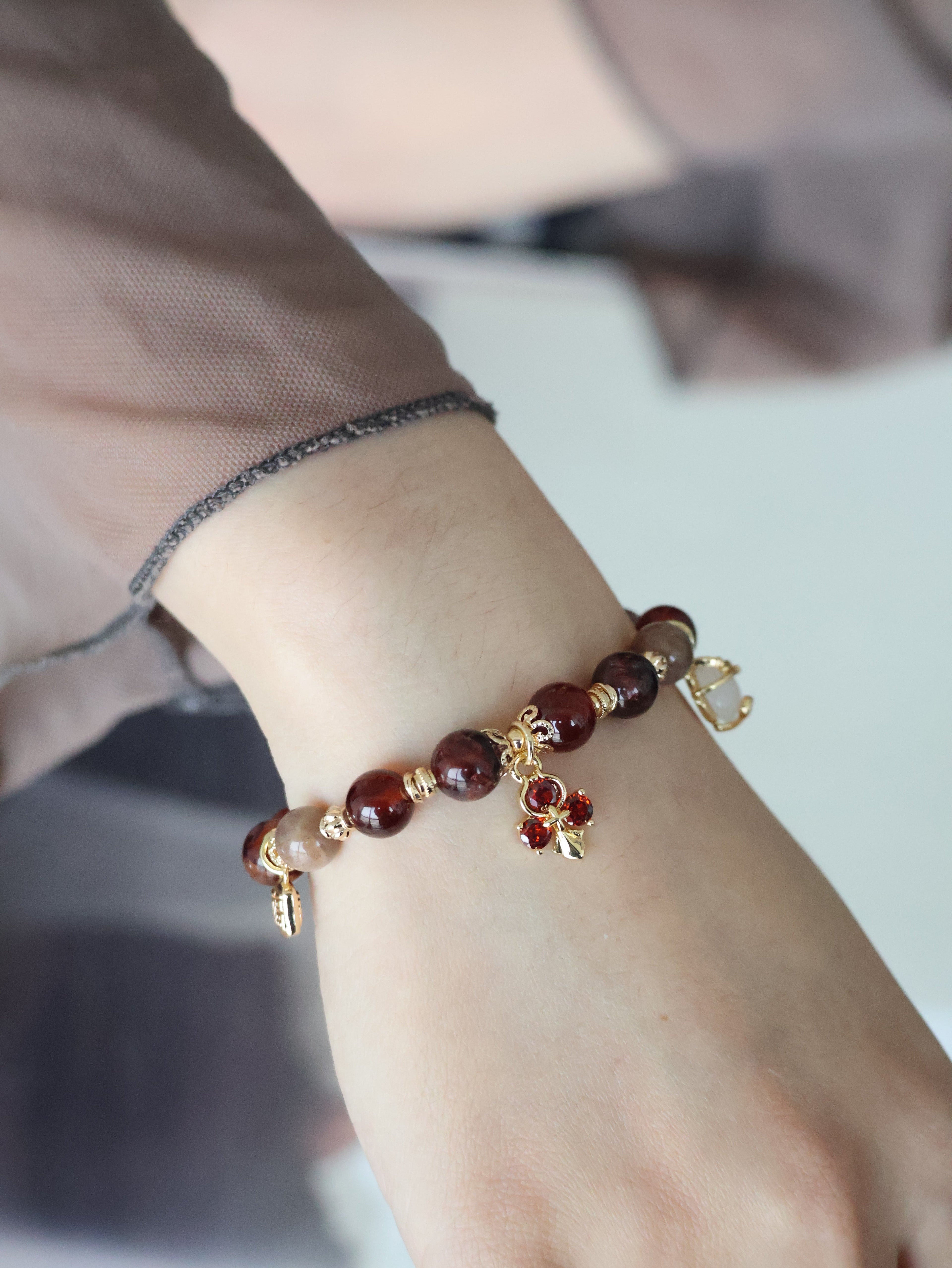 Fire Quartz, Garnet & Black Gold Skeletal Sunstone with Lucky Cat, Red Clover & Fu Charm ¡ª Crimson Blessing | 8mm (Elastic, OT Clasp)