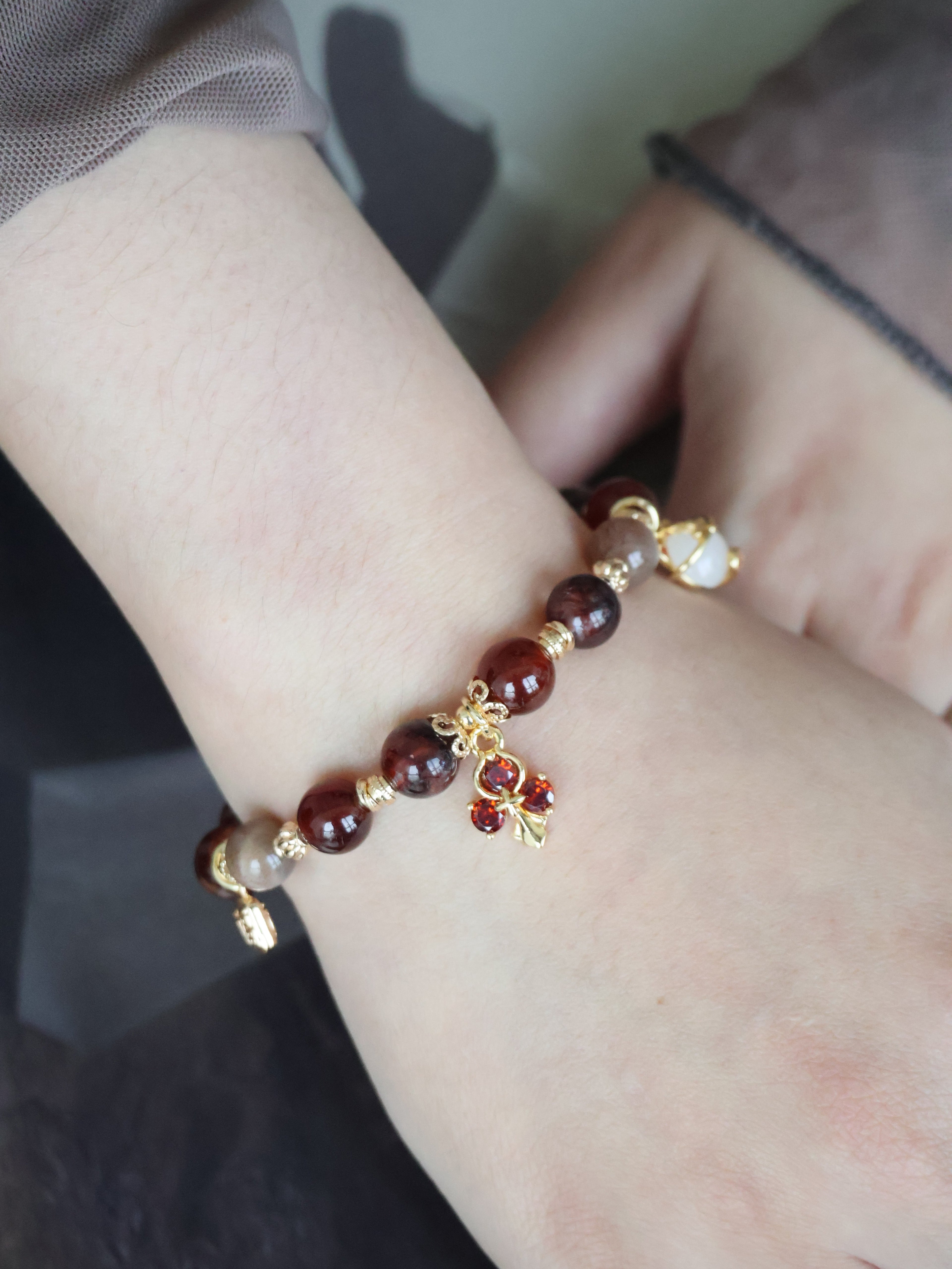 Fire Quartz, Garnet & Black Gold Skeletal Sunstone with Lucky Cat, Red Clover & Fu Charm ¡ª Crimson Blessing | 8mm (Elastic, OT Clasp)